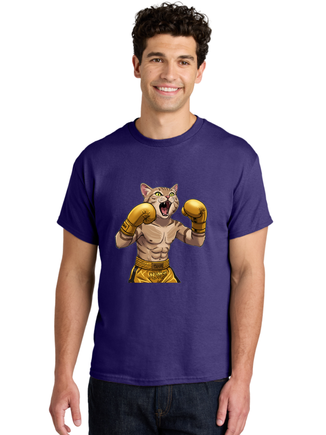 Cat-Fighter Men'S Graphic Tee, 100% Cotton, Comfortable Casual Summer Wear, Machine Washable, Cartoon Cat, Boxer Cat, Boxing Gloves, Martial Arts, Fitness, Anthropomorphic Animal, Fighting Stance, Strong Cat, Muscular Cat, Bae398