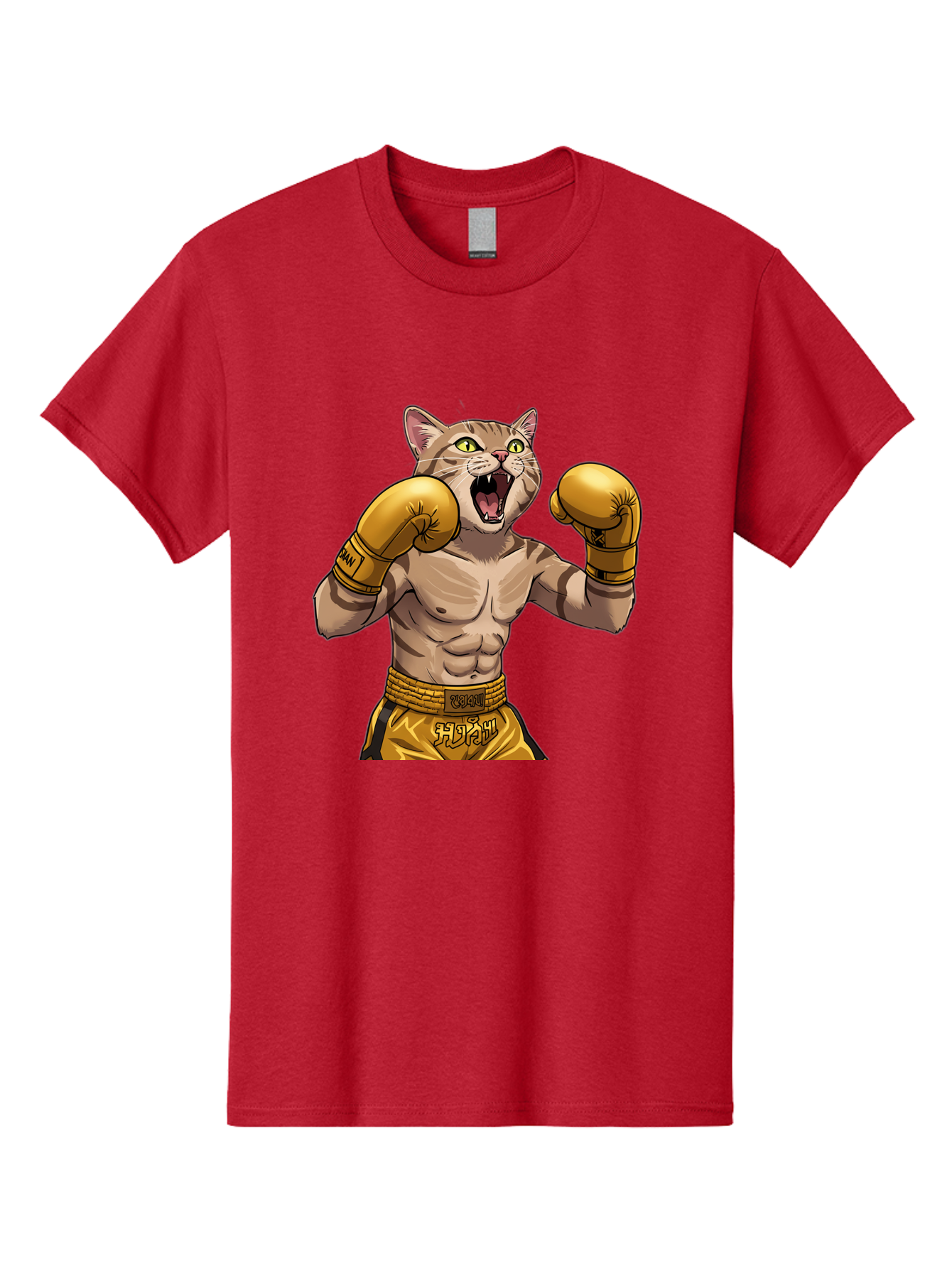 Cat-Fighter Men'S Graphic Tee, 100% Cotton, Comfortable Casual Summer Wear, Machine Washable, Cartoon Cat, Boxer Cat, Boxing Gloves, Martial Arts, Fitness, Anthropomorphic Animal, Fighting Stance, Strong Cat, Muscular Cat, Bae398