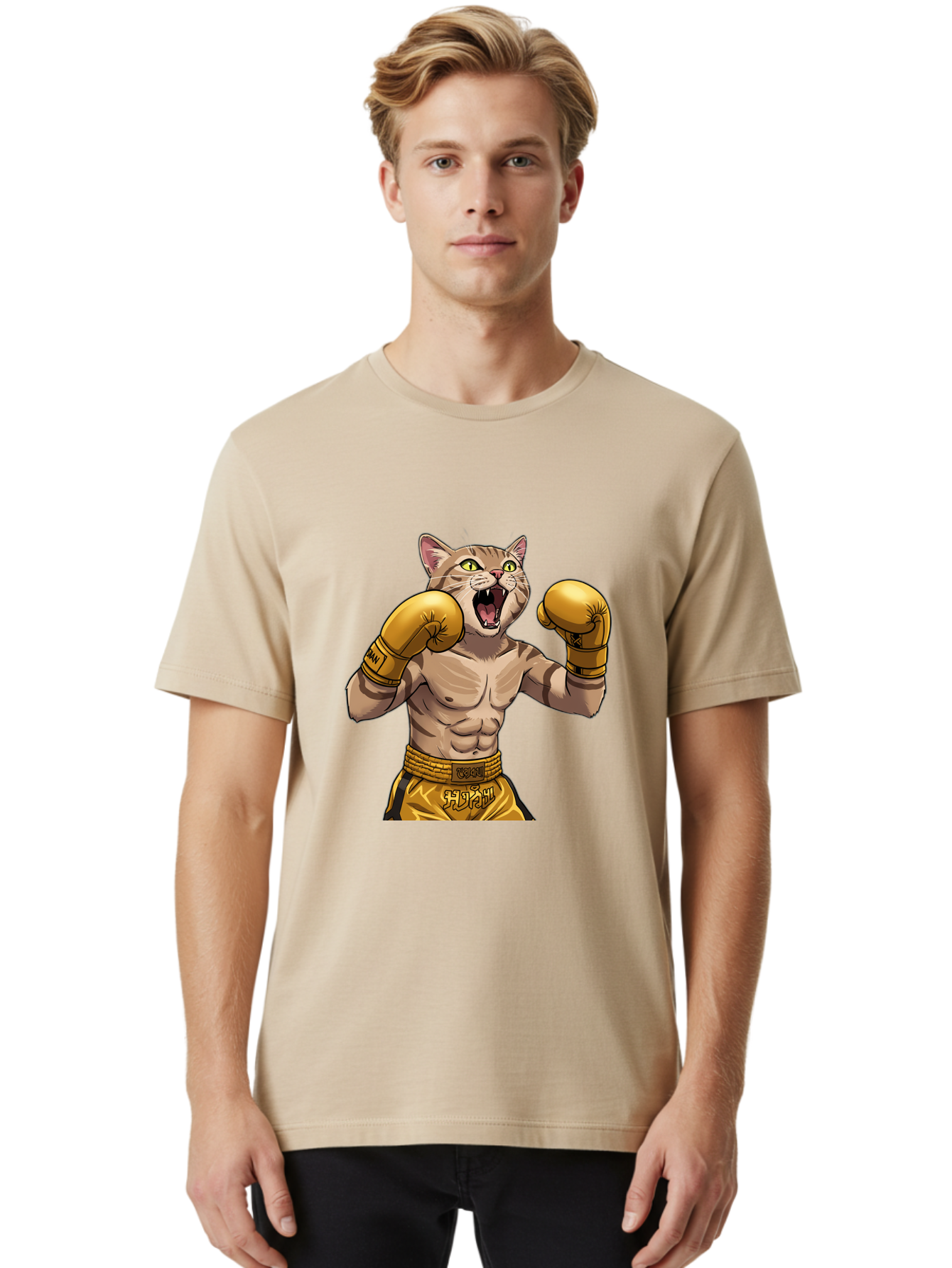 Cat-Fighter Men'S Graphic Tee, 100% Cotton, Comfortable Casual Summer Wear, Machine Washable, Cartoon Cat, Boxer Cat, Boxing Gloves, Martial Arts, Fitness, Anthropomorphic Animal, Fighting Stance, Strong Cat, Muscular Cat, Bae398