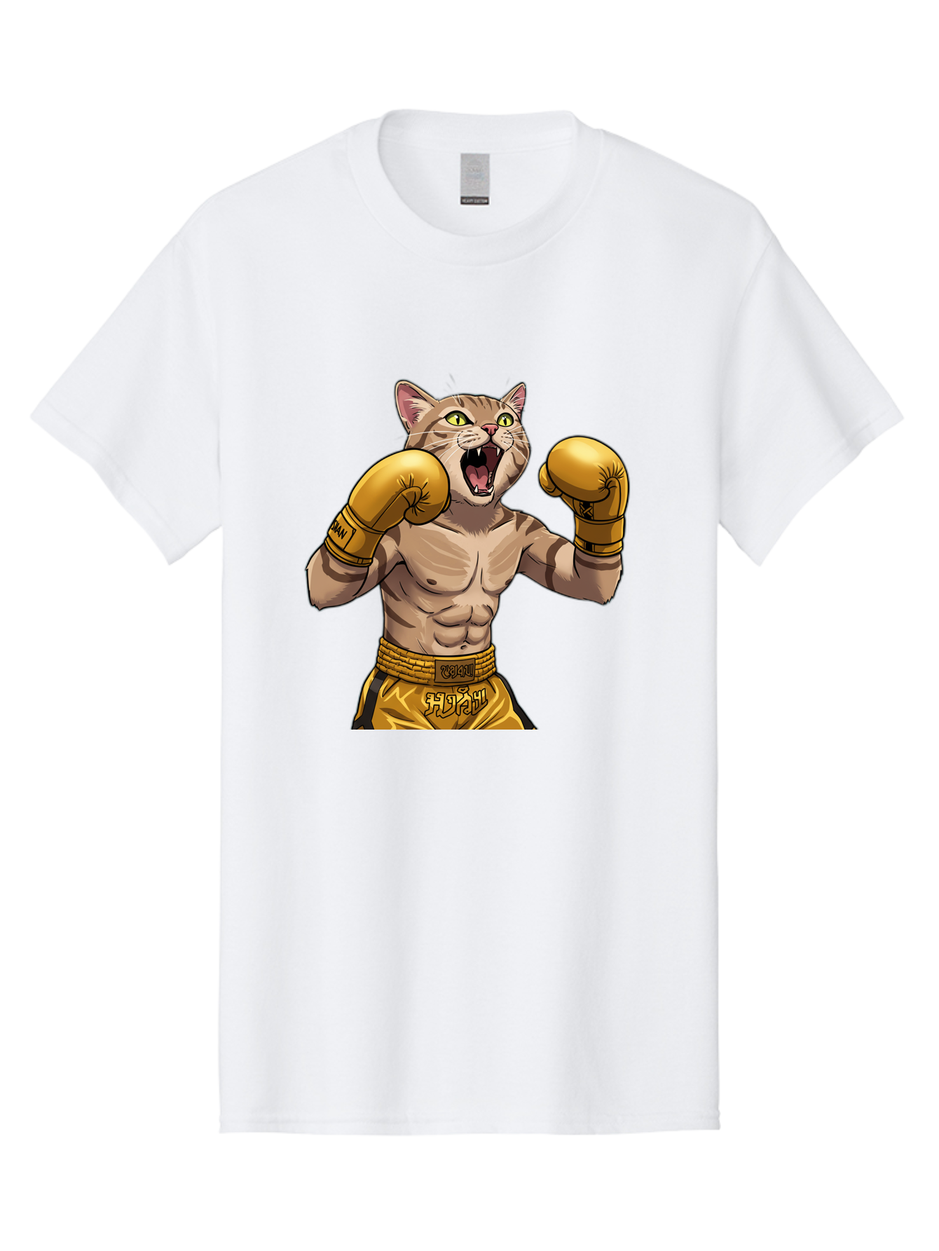 Cat-Fighter Men'S Graphic Tee, 100% Cotton, Comfortable Casual Summer Wear, Machine Washable, Cartoon Cat, Boxer Cat, Boxing Gloves, Martial Arts, Fitness, Anthropomorphic Animal, Fighting Stance, Strong Cat, Muscular Cat, Bae398