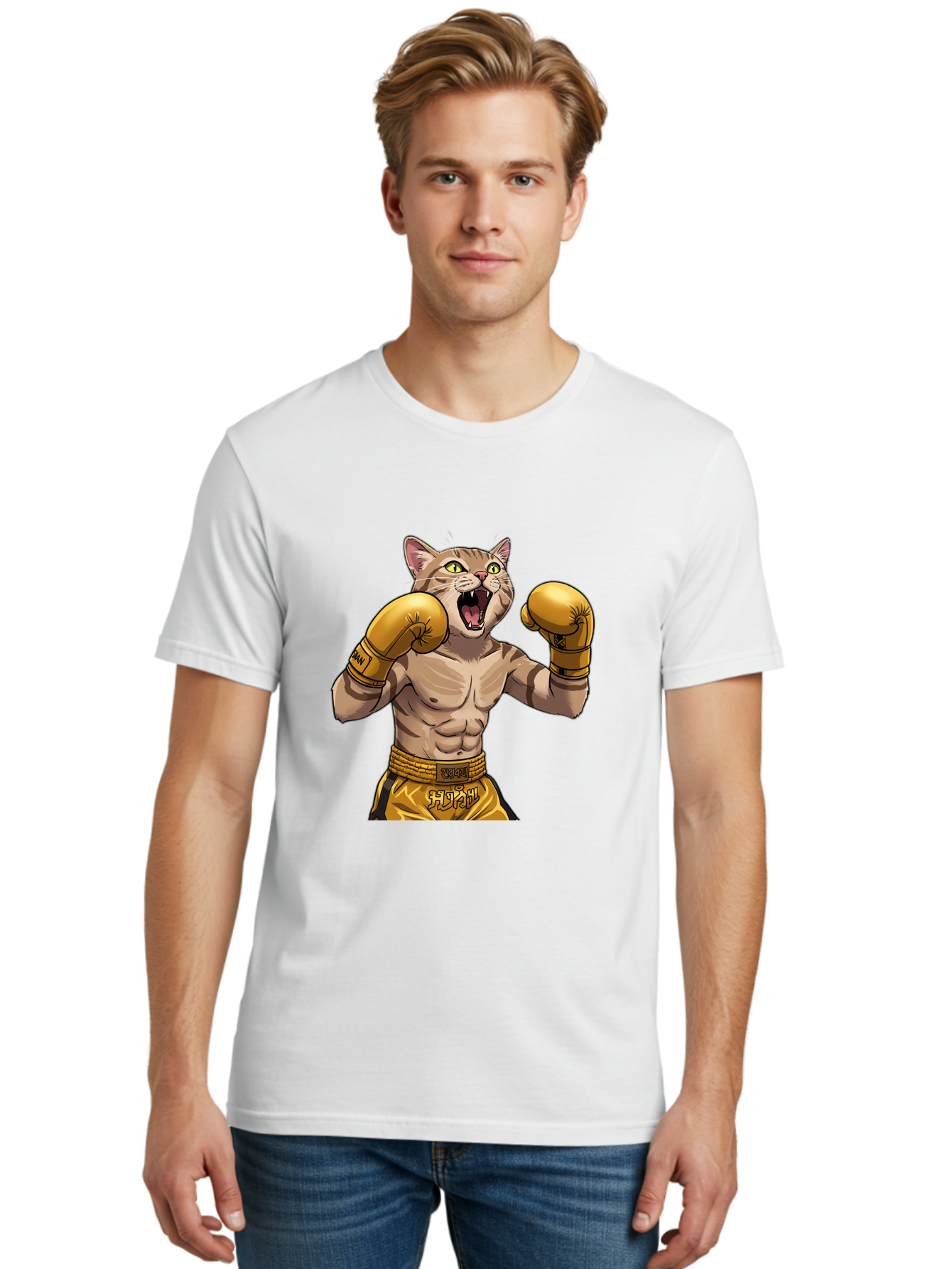 Cat-Fighter Men'S Graphic Tee, 100% Cotton, Comfortable Casual Summer Wear, Machine Washable, Cartoon Cat, Boxer Cat, Boxing Gloves, Martial Arts, Fitness, Anthropomorphic Animal, Fighting Stance, Strong Cat, Muscular Cat, Bae398