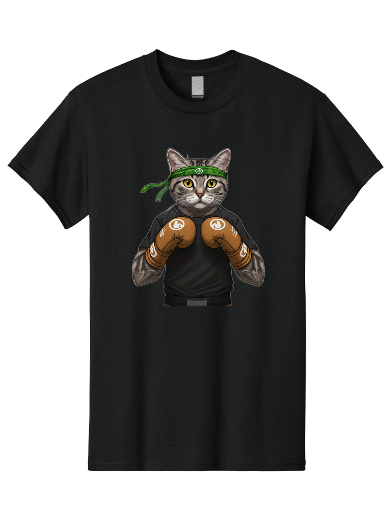 Cat-In-Boxing-Gloves Men'S Graphic Tee, 100% Cotton, Comfortable Casual Summer Wear, Machine Washable, Gray Tabby Cat, Boxing Gloves, Martial Arts Headband, Ninja Cat, Cool Cat, Funny Cat, Boxing Cat, Warrior Cat, Humorous Illustration, Bae399