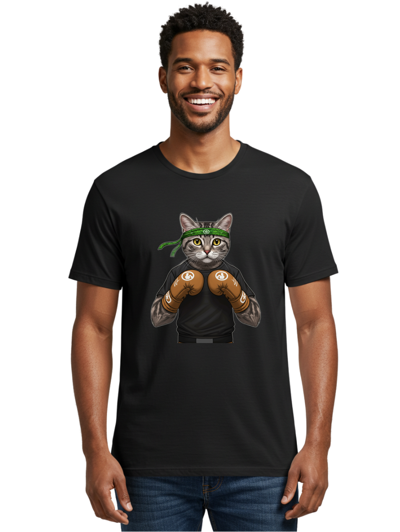 Cat-In-Boxing-Gloves Men'S Graphic Tee, 100% Cotton, Comfortable Casual Summer Wear, Machine Washable, Gray Tabby Cat, Boxing Gloves, Martial Arts Headband, Ninja Cat, Cool Cat, Funny Cat, Boxing Cat, Warrior Cat, Humorous Illustration, Bae399