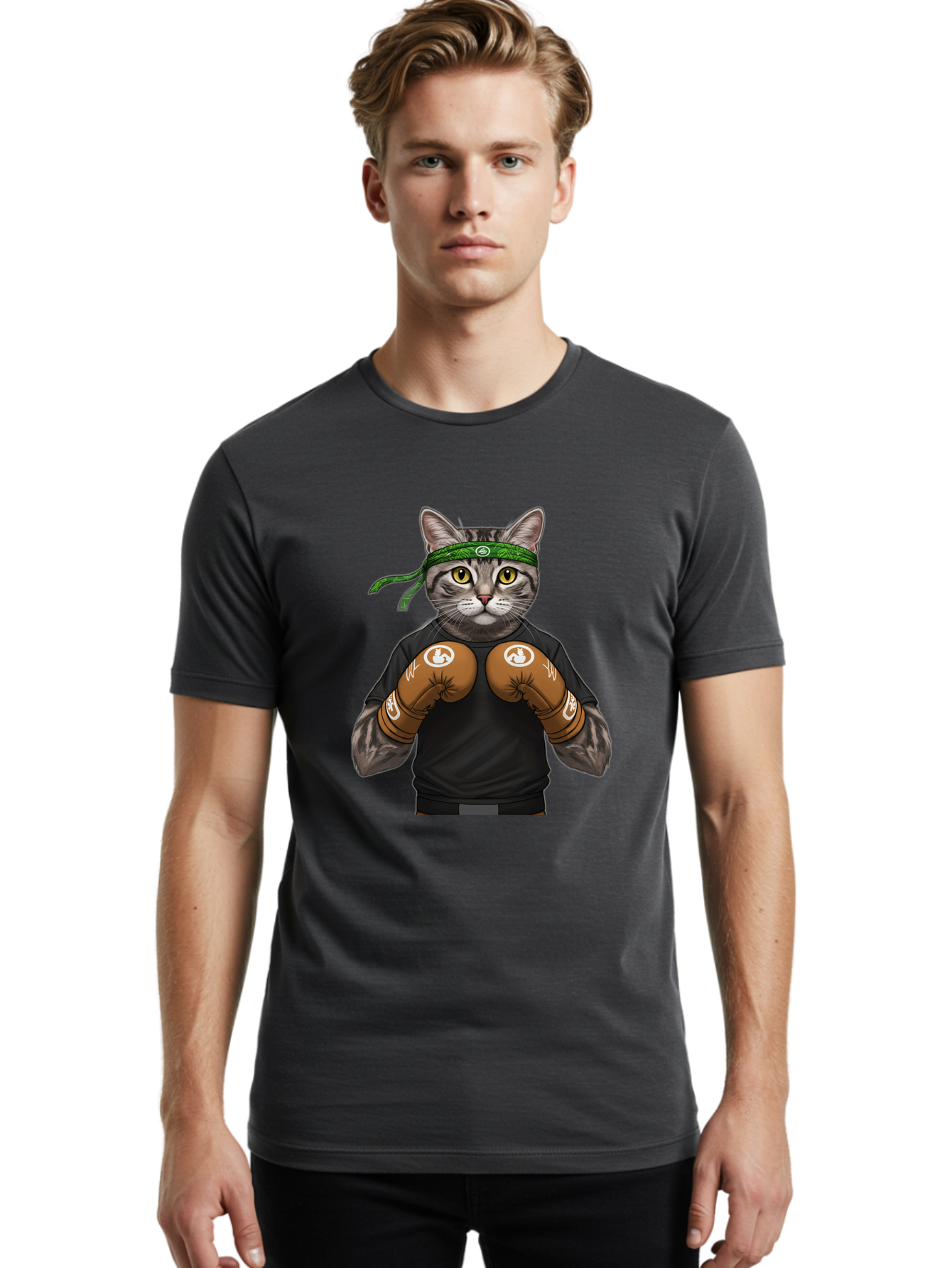 Cat-In-Boxing-Gloves Men'S Graphic Tee, 100% Cotton, Comfortable Casual Summer Wear, Machine Washable, Gray Tabby Cat, Boxing Gloves, Martial Arts Headband, Ninja Cat, Cool Cat, Funny Cat, Boxing Cat, Warrior Cat, Humorous Illustration, Bae399