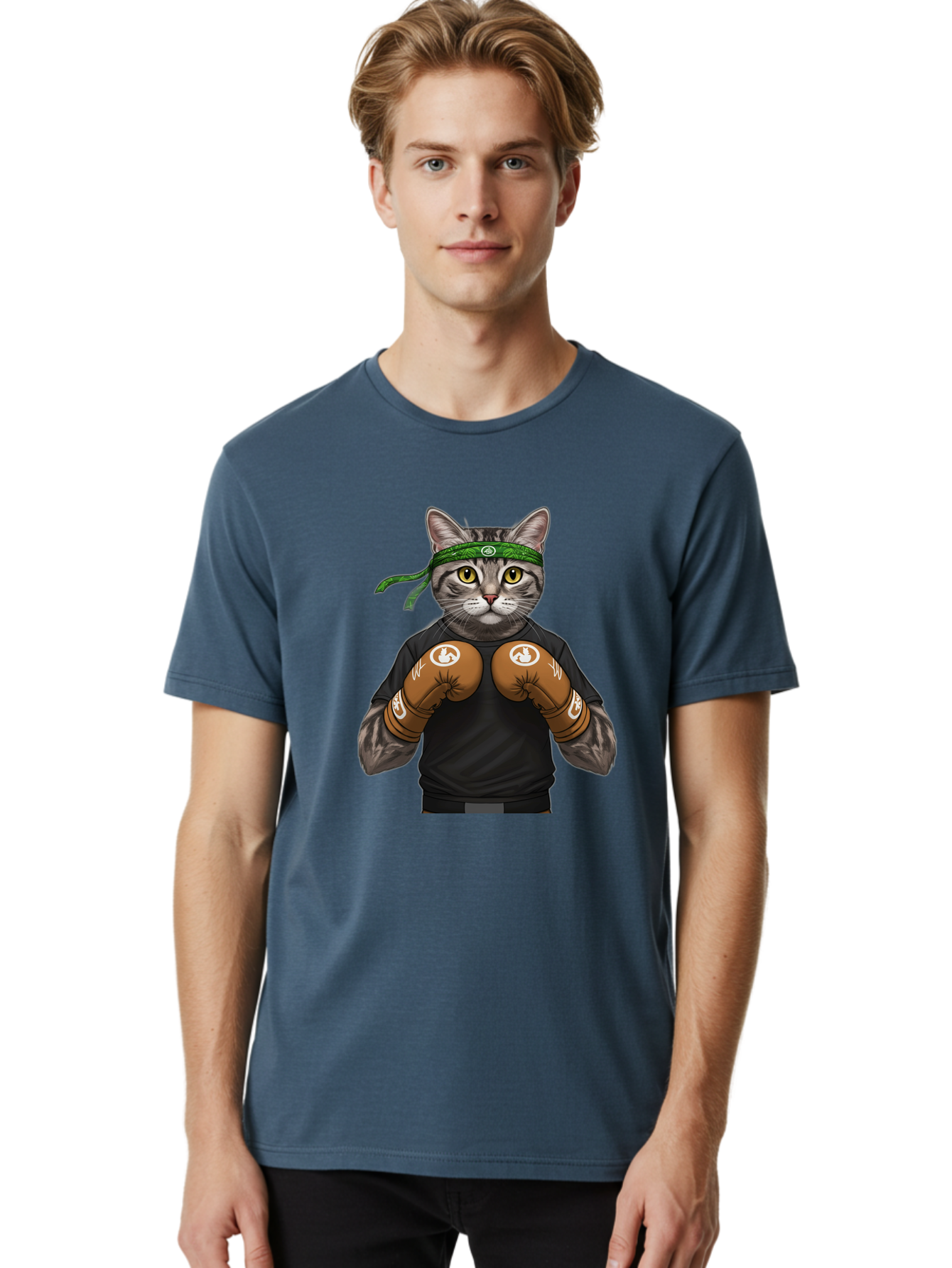 Cat-In-Boxing-Gloves Men'S Graphic Tee, 100% Cotton, Comfortable Casual Summer Wear, Machine Washable, Gray Tabby Cat, Boxing Gloves, Martial Arts Headband, Ninja Cat, Cool Cat, Funny Cat, Boxing Cat, Warrior Cat, Humorous Illustration, Bae399