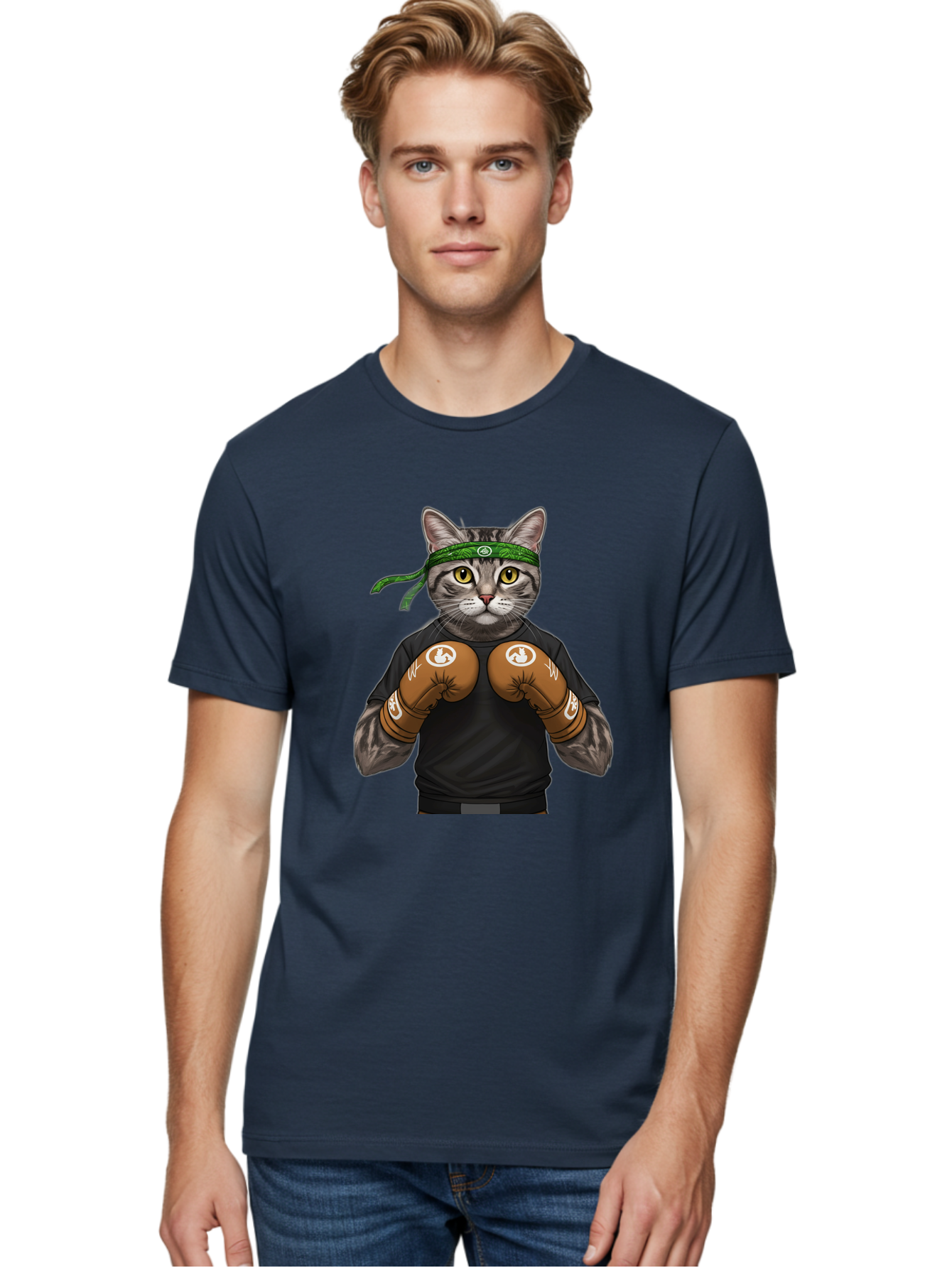 Cat-In-Boxing-Gloves Men'S Graphic Tee, 100% Cotton, Comfortable Casual Summer Wear, Machine Washable, Gray Tabby Cat, Boxing Gloves, Martial Arts Headband, Ninja Cat, Cool Cat, Funny Cat, Boxing Cat, Warrior Cat, Humorous Illustration, Bae399