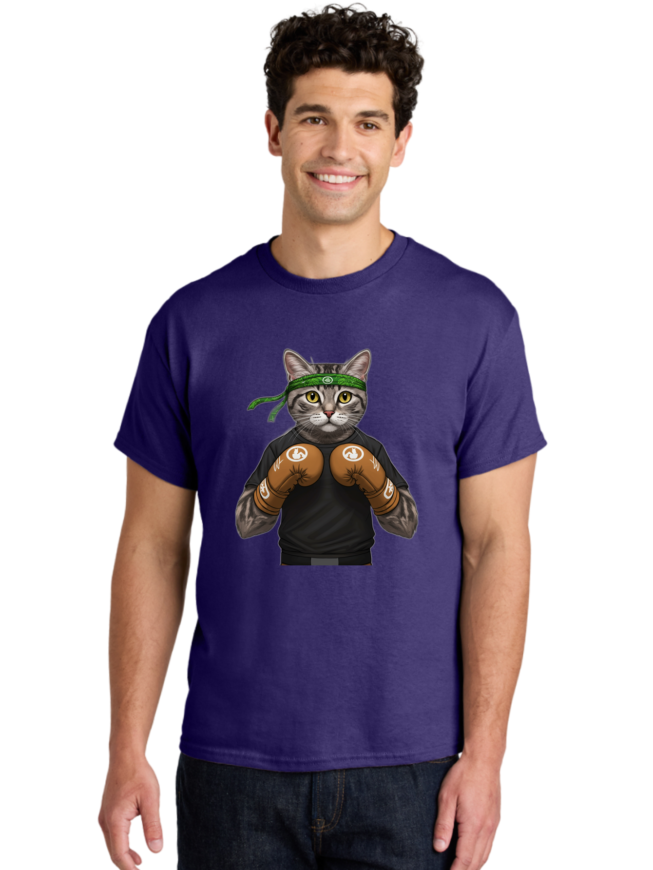 Cat-In-Boxing-Gloves Men'S Graphic Tee, 100% Cotton, Comfortable Casual Summer Wear, Machine Washable, Gray Tabby Cat, Boxing Gloves, Martial Arts Headband, Ninja Cat, Cool Cat, Funny Cat, Boxing Cat, Warrior Cat, Humorous Illustration, Bae399