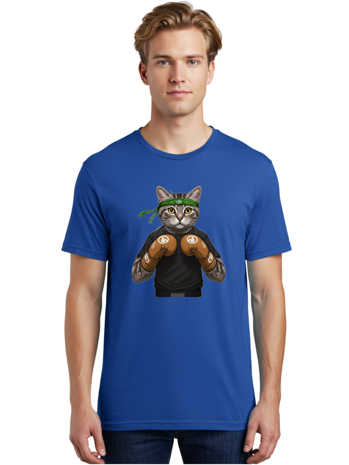 Cat-In-Boxing-Gloves Men'S Graphic Tee, 100% Cotton, Comfortable Casual Summer Wear, Machine Washable, Gray Tabby Cat, Boxing Gloves, Martial Arts Headband, Ninja Cat, Cool Cat, Funny Cat, Boxing Cat, Warrior Cat, Humorous Illustration, Bae399