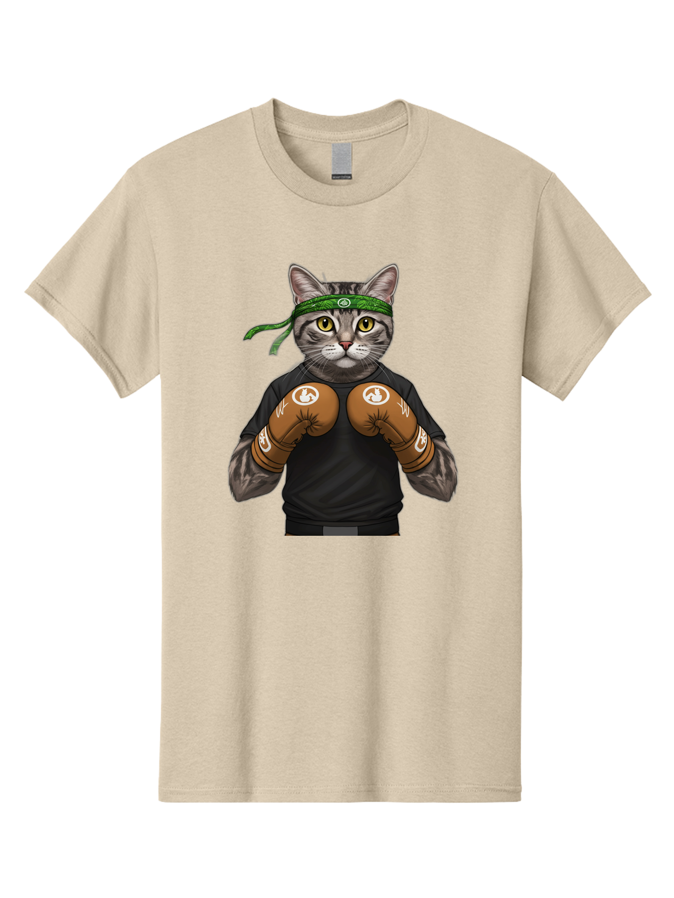 Cat-In-Boxing-Gloves Men'S Graphic Tee, 100% Cotton, Comfortable Casual Summer Wear, Machine Washable, Gray Tabby Cat, Boxing Gloves, Martial Arts Headband, Ninja Cat, Cool Cat, Funny Cat, Boxing Cat, Warrior Cat, Humorous Illustration, Bae399