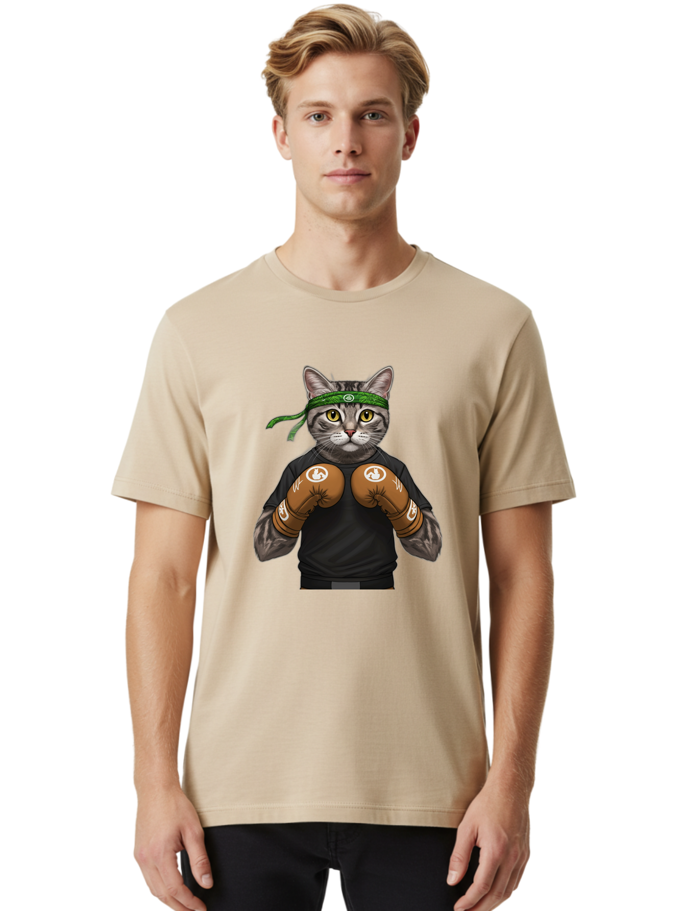 Cat-In-Boxing-Gloves Men'S Graphic Tee, 100% Cotton, Comfortable Casual Summer Wear, Machine Washable, Gray Tabby Cat, Boxing Gloves, Martial Arts Headband, Ninja Cat, Cool Cat, Funny Cat, Boxing Cat, Warrior Cat, Humorous Illustration, Bae399