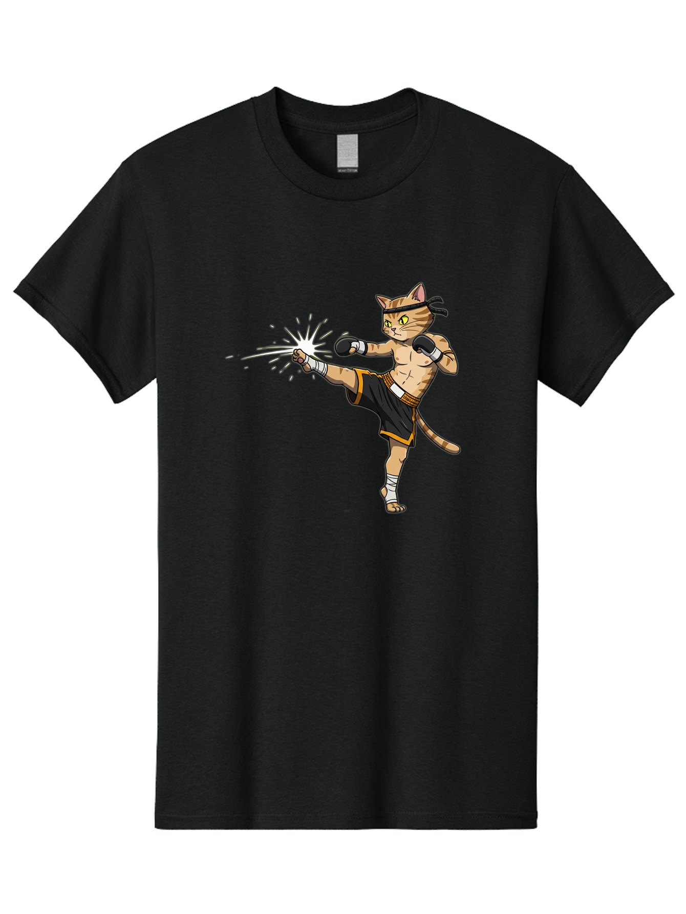 Cat-Kick Men'S Graphic Tee, 100% Cotton, Comfortable Casual Summer Wear, Machine Washable, Cartoon Cat, Muay Thai Fighter, Martial Arts, Kicking, Boxing Gloves, Dynamic Pose, Playful Humor, Animal Athlete, Energetic Motion, Fun Design Bae400