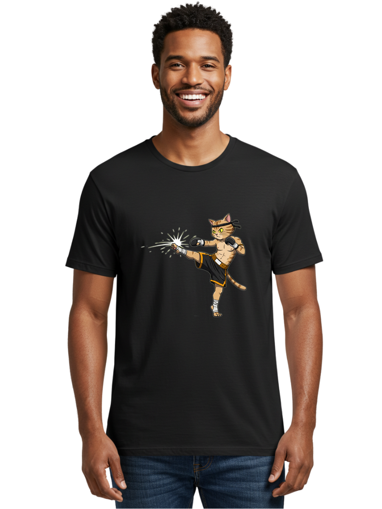 Cat-Kick Men'S Graphic Tee, 100% Cotton, Comfortable Casual Summer Wear, Machine Washable, Cartoon Cat, Muay Thai Fighter, Martial Arts, Kicking, Boxing Gloves, Dynamic Pose, Playful Humor, Animal Athlete, Energetic Motion, Fun Design Bae400