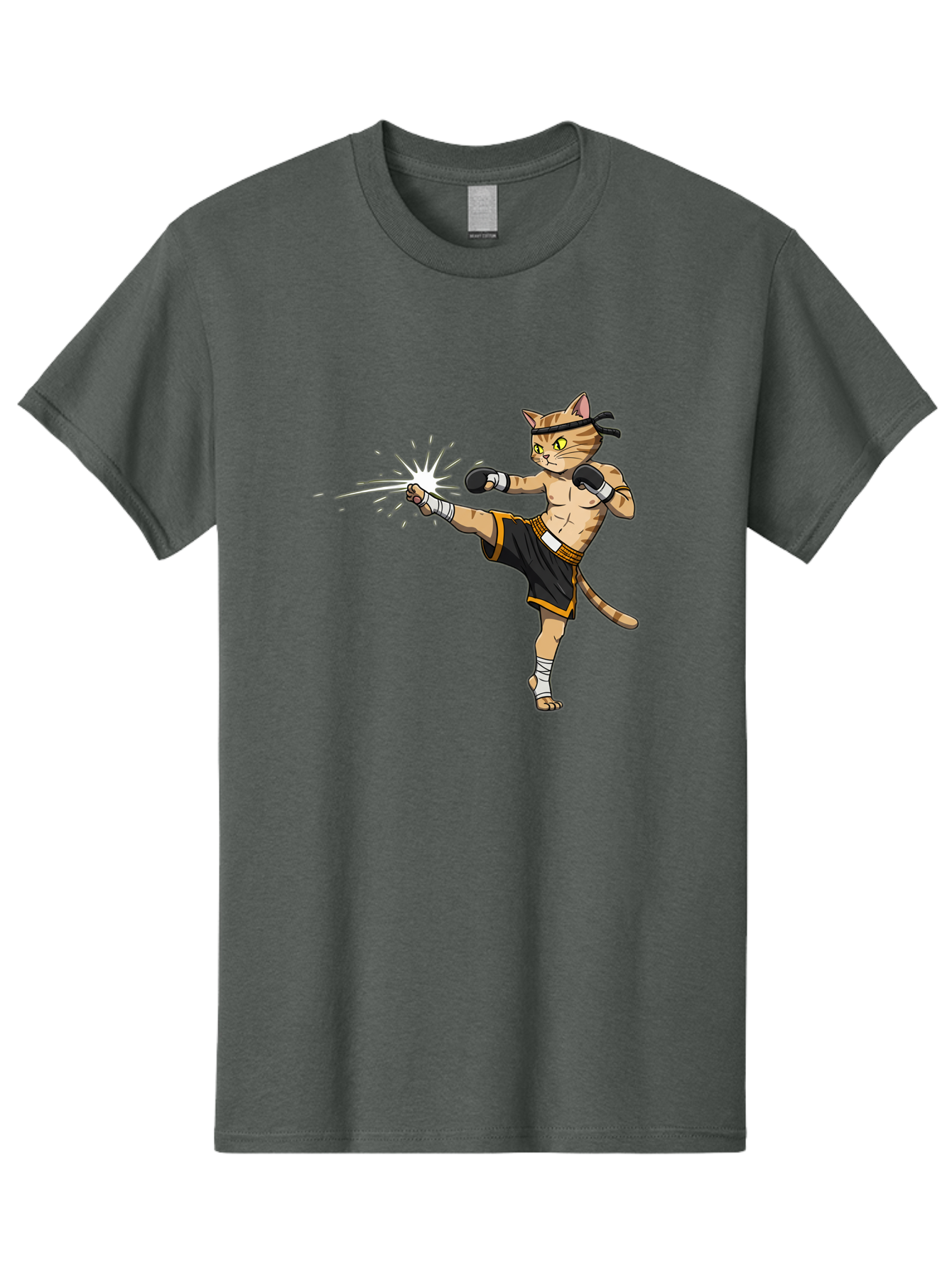 Cat-Kick Men'S Graphic Tee, 100% Cotton, Comfortable Casual Summer Wear, Machine Washable, Cartoon Cat, Muay Thai Fighter, Martial Arts, Kicking, Boxing Gloves, Dynamic Pose, Playful Humor, Animal Athlete, Energetic Motion, Fun Design Bae400