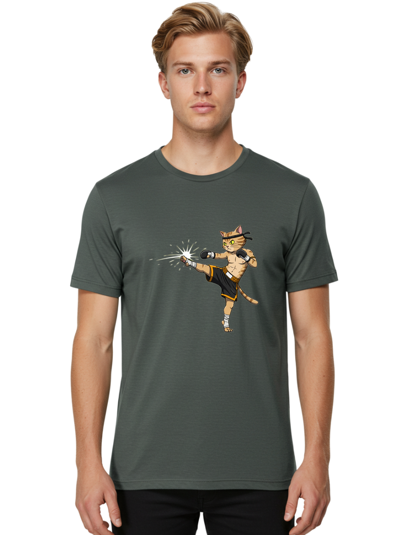 Cat-Kick Men'S Graphic Tee, 100% Cotton, Comfortable Casual Summer Wear, Machine Washable, Cartoon Cat, Muay Thai Fighter, Martial Arts, Kicking, Boxing Gloves, Dynamic Pose, Playful Humor, Animal Athlete, Energetic Motion, Fun Design Bae400