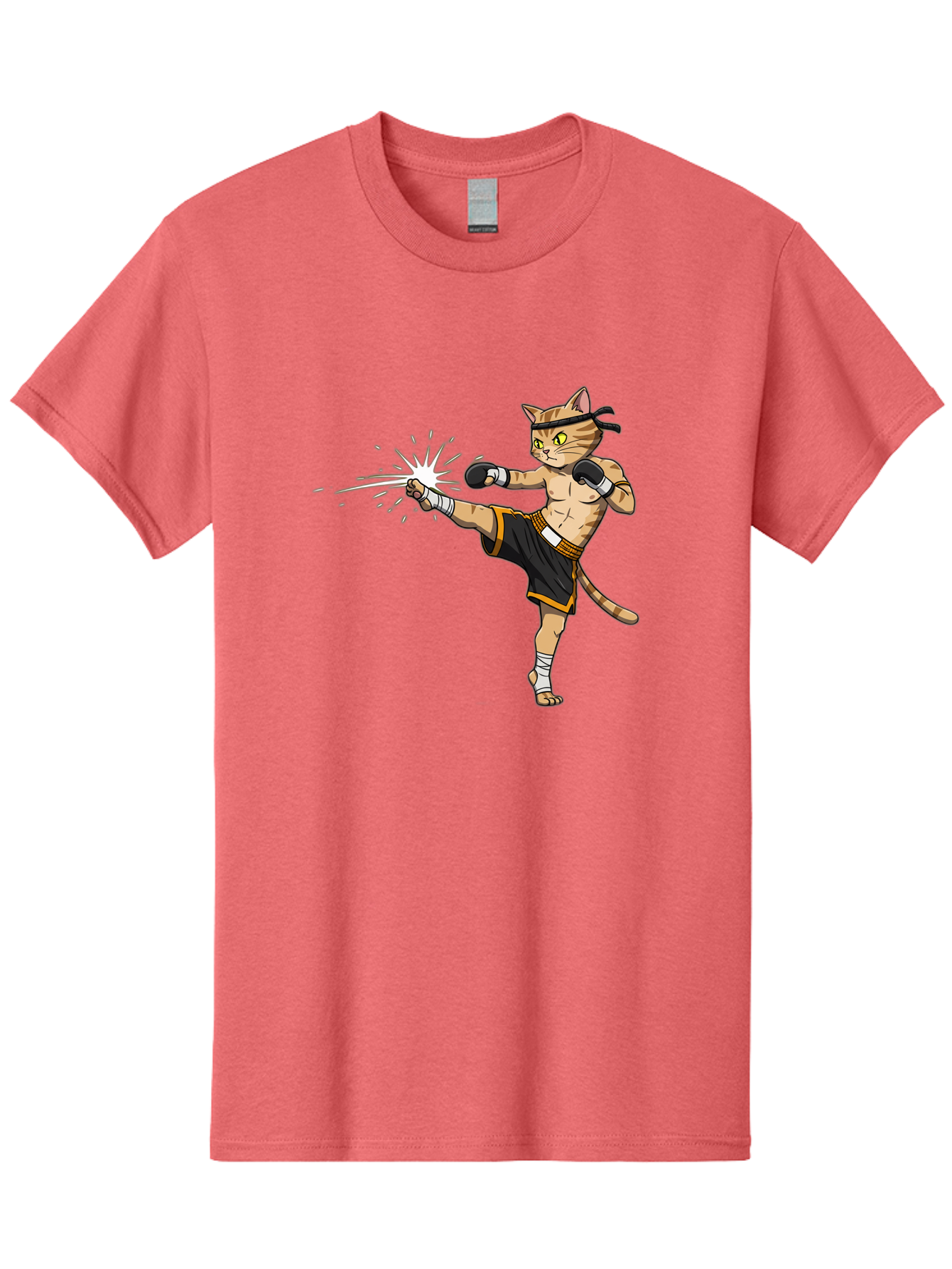Cat-Kick Men'S Graphic Tee, 100% Cotton, Comfortable Casual Summer Wear, Machine Washable, Cartoon Cat, Muay Thai Fighter, Martial Arts, Kicking, Boxing Gloves, Dynamic Pose, Playful Humor, Animal Athlete, Energetic Motion, Fun Design Bae400