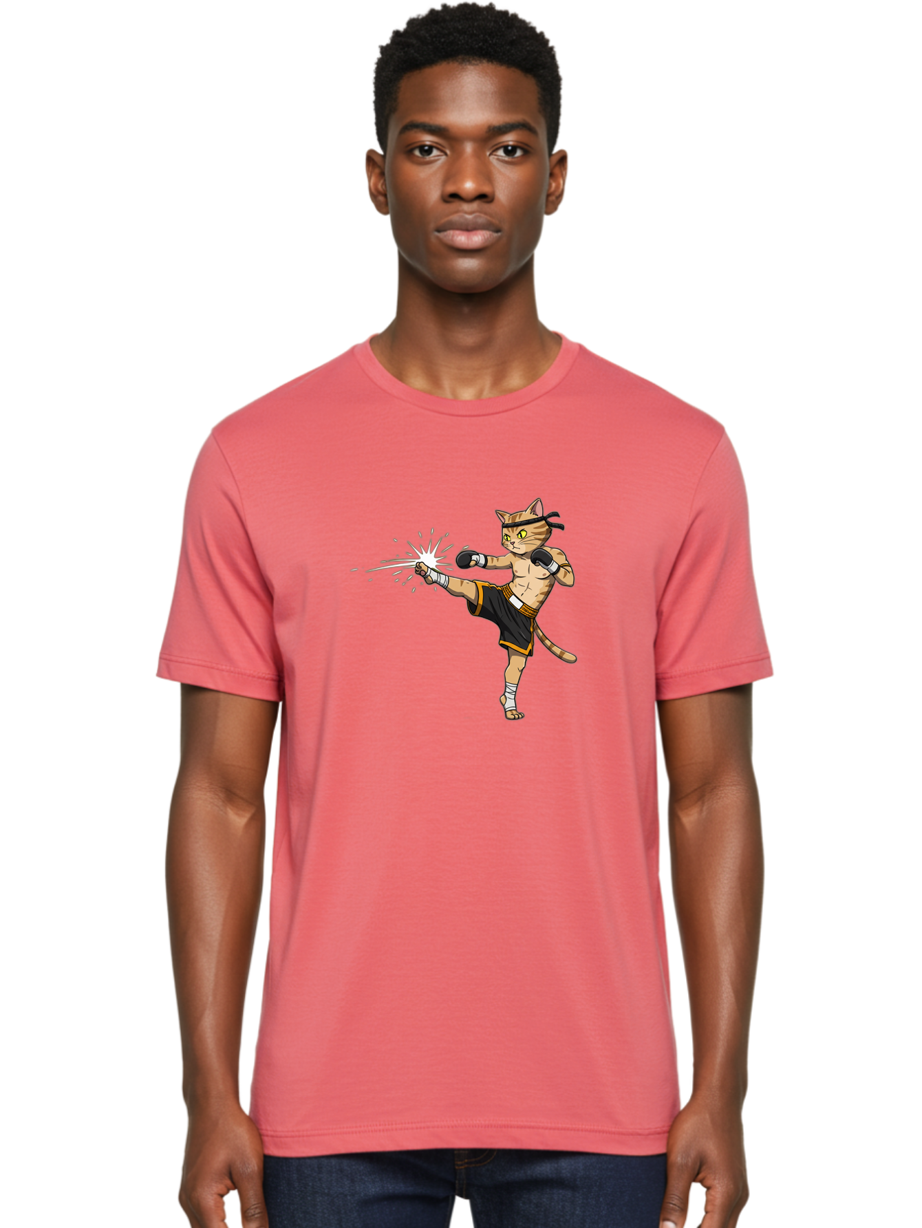 Cat-Kick Men'S Graphic Tee, 100% Cotton, Comfortable Casual Summer Wear, Machine Washable, Cartoon Cat, Muay Thai Fighter, Martial Arts, Kicking, Boxing Gloves, Dynamic Pose, Playful Humor, Animal Athlete, Energetic Motion, Fun Design Bae400