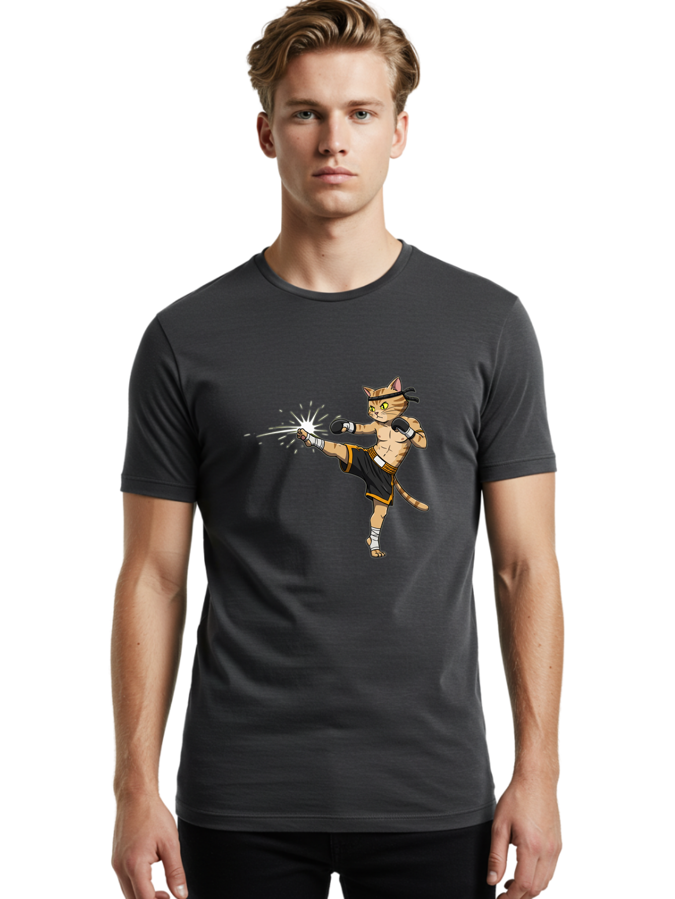 Cat-Kick Men'S Graphic Tee, 100% Cotton, Comfortable Casual Summer Wear, Machine Washable, Cartoon Cat, Muay Thai Fighter, Martial Arts, Kicking, Boxing Gloves, Dynamic Pose, Playful Humor, Animal Athlete, Energetic Motion, Fun Design Bae400