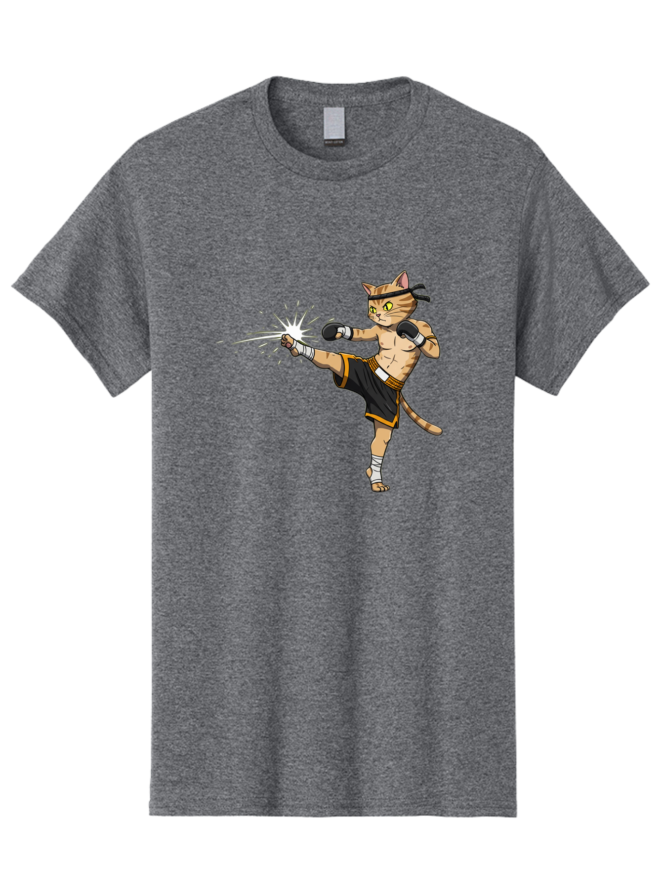Cat-Kick Men'S Graphic Tee, 100% Cotton, Comfortable Casual Summer Wear, Machine Washable, Cartoon Cat, Muay Thai Fighter, Martial Arts, Kicking, Boxing Gloves, Dynamic Pose, Playful Humor, Animal Athlete, Energetic Motion, Fun Design Bae400