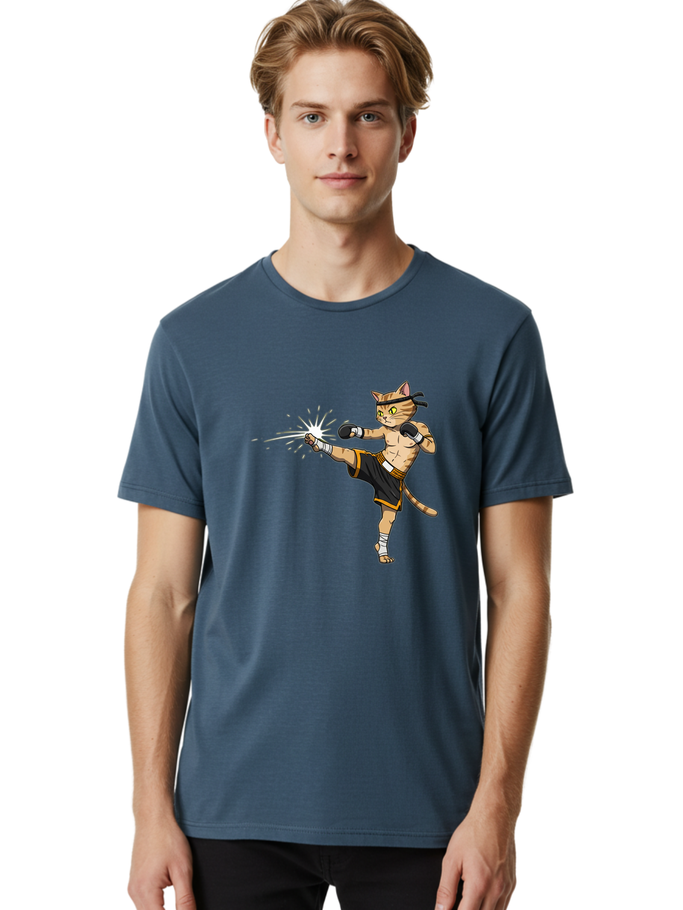 Cat-Kick Men'S Graphic Tee, 100% Cotton, Comfortable Casual Summer Wear, Machine Washable, Cartoon Cat, Muay Thai Fighter, Martial Arts, Kicking, Boxing Gloves, Dynamic Pose, Playful Humor, Animal Athlete, Energetic Motion, Fun Design Bae400