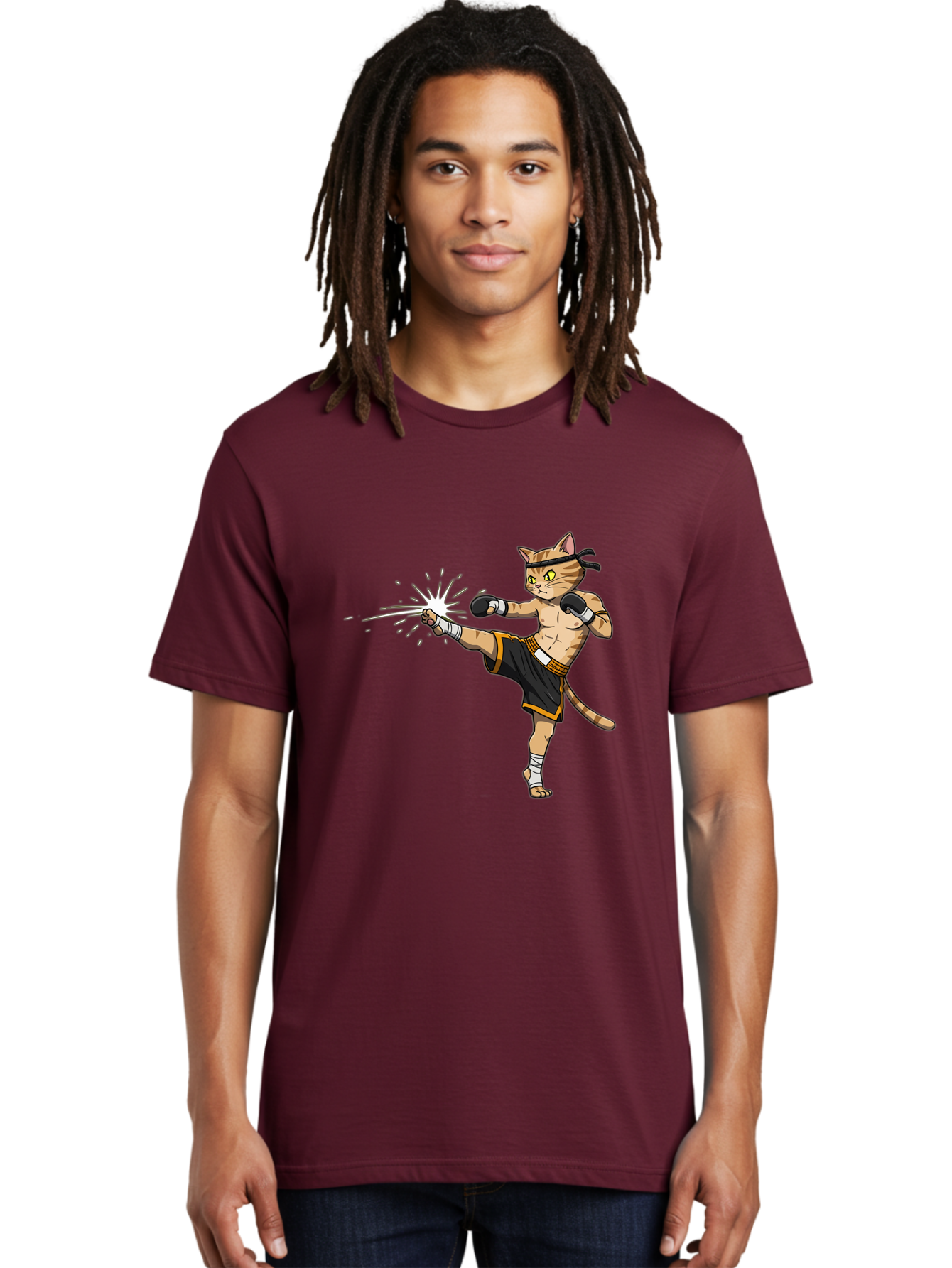 Cat-Kick Men'S Graphic Tee, 100% Cotton, Comfortable Casual Summer Wear, Machine Washable, Cartoon Cat, Muay Thai Fighter, Martial Arts, Kicking, Boxing Gloves, Dynamic Pose, Playful Humor, Animal Athlete, Energetic Motion, Fun Design Bae400