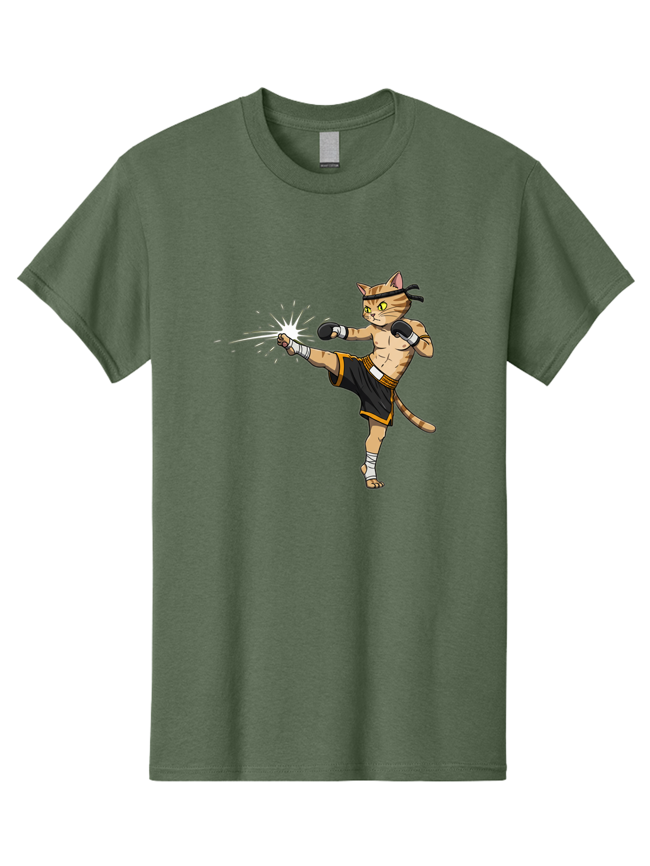 Cat-Kick Men'S Graphic Tee, 100% Cotton, Comfortable Casual Summer Wear, Machine Washable, Cartoon Cat, Muay Thai Fighter, Martial Arts, Kicking, Boxing Gloves, Dynamic Pose, Playful Humor, Animal Athlete, Energetic Motion, Fun Design Bae400