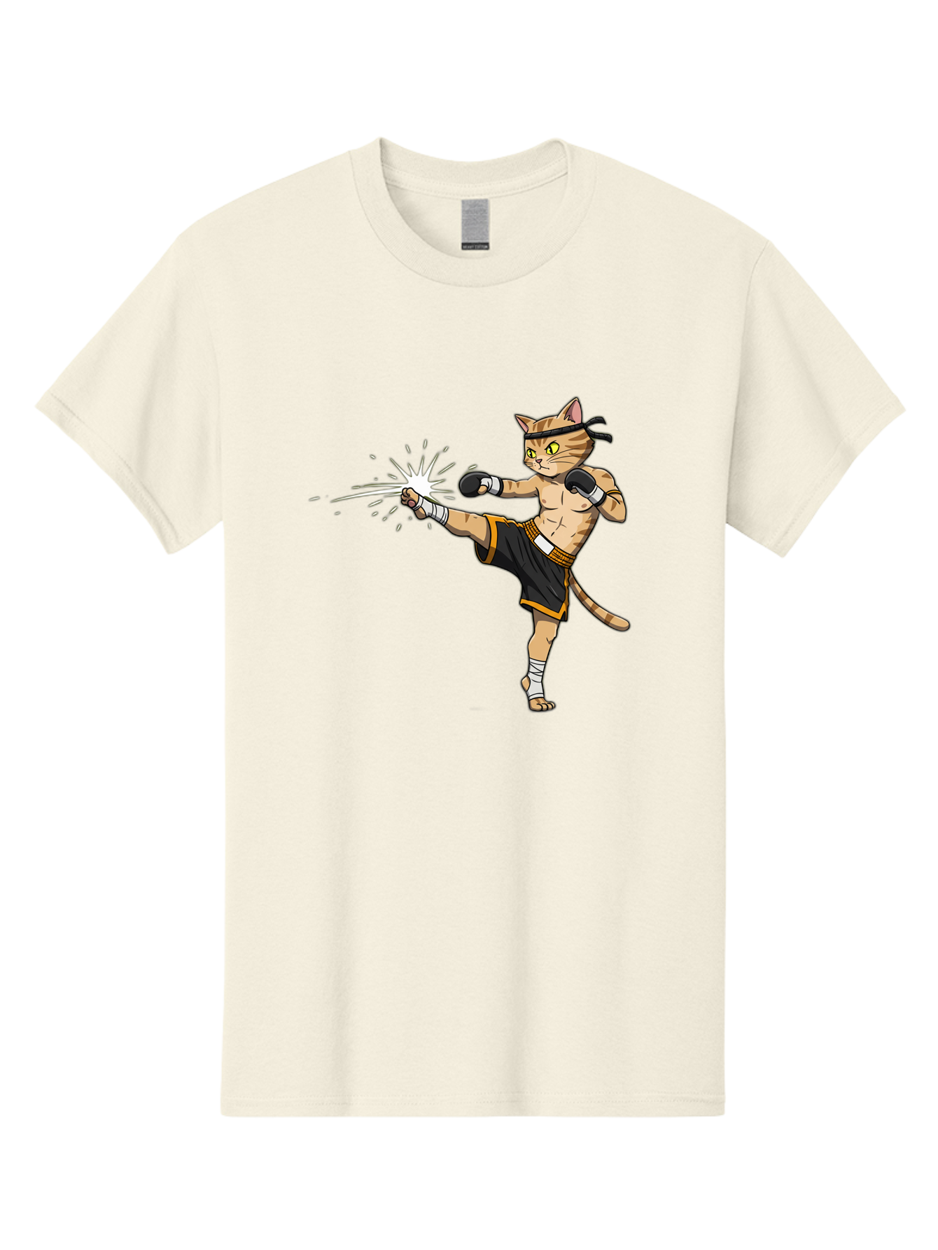 Cat-Kick Men'S Graphic Tee, 100% Cotton, Comfortable Casual Summer Wear, Machine Washable, Cartoon Cat, Muay Thai Fighter, Martial Arts, Kicking, Boxing Gloves, Dynamic Pose, Playful Humor, Animal Athlete, Energetic Motion, Fun Design Bae400