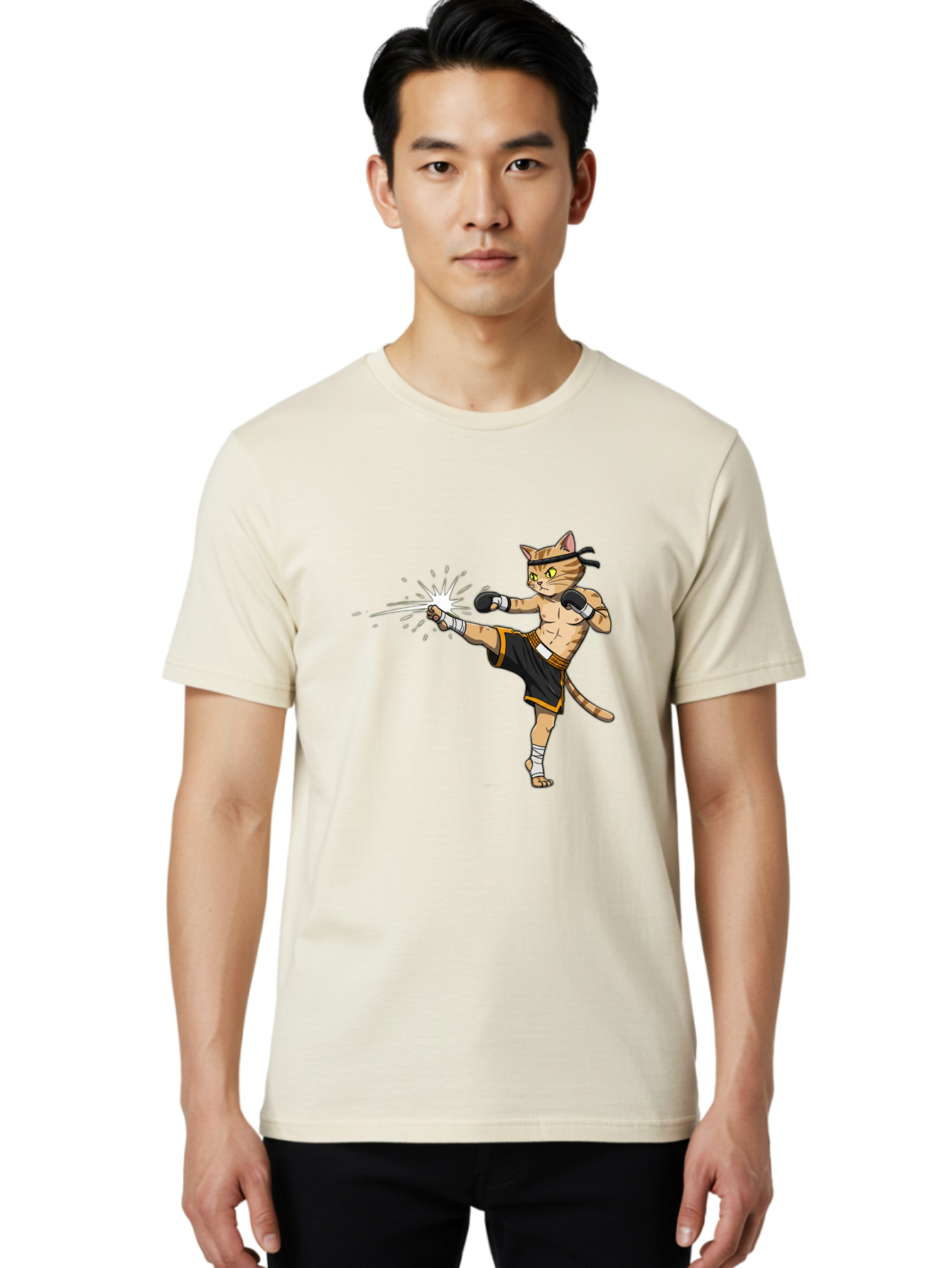 Cat-Kick Men'S Graphic Tee, 100% Cotton, Comfortable Casual Summer Wear, Machine Washable, Cartoon Cat, Muay Thai Fighter, Martial Arts, Kicking, Boxing Gloves, Dynamic Pose, Playful Humor, Animal Athlete, Energetic Motion, Fun Design Bae400