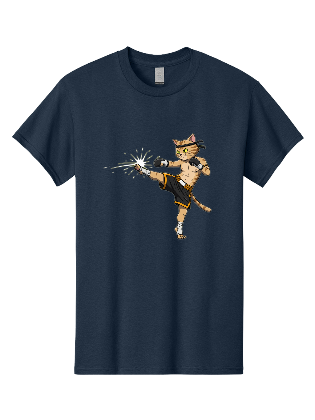 Cat-Kick Men'S Graphic Tee, 100% Cotton, Comfortable Casual Summer Wear, Machine Washable, Cartoon Cat, Muay Thai Fighter, Martial Arts, Kicking, Boxing Gloves, Dynamic Pose, Playful Humor, Animal Athlete, Energetic Motion, Fun Design Bae400