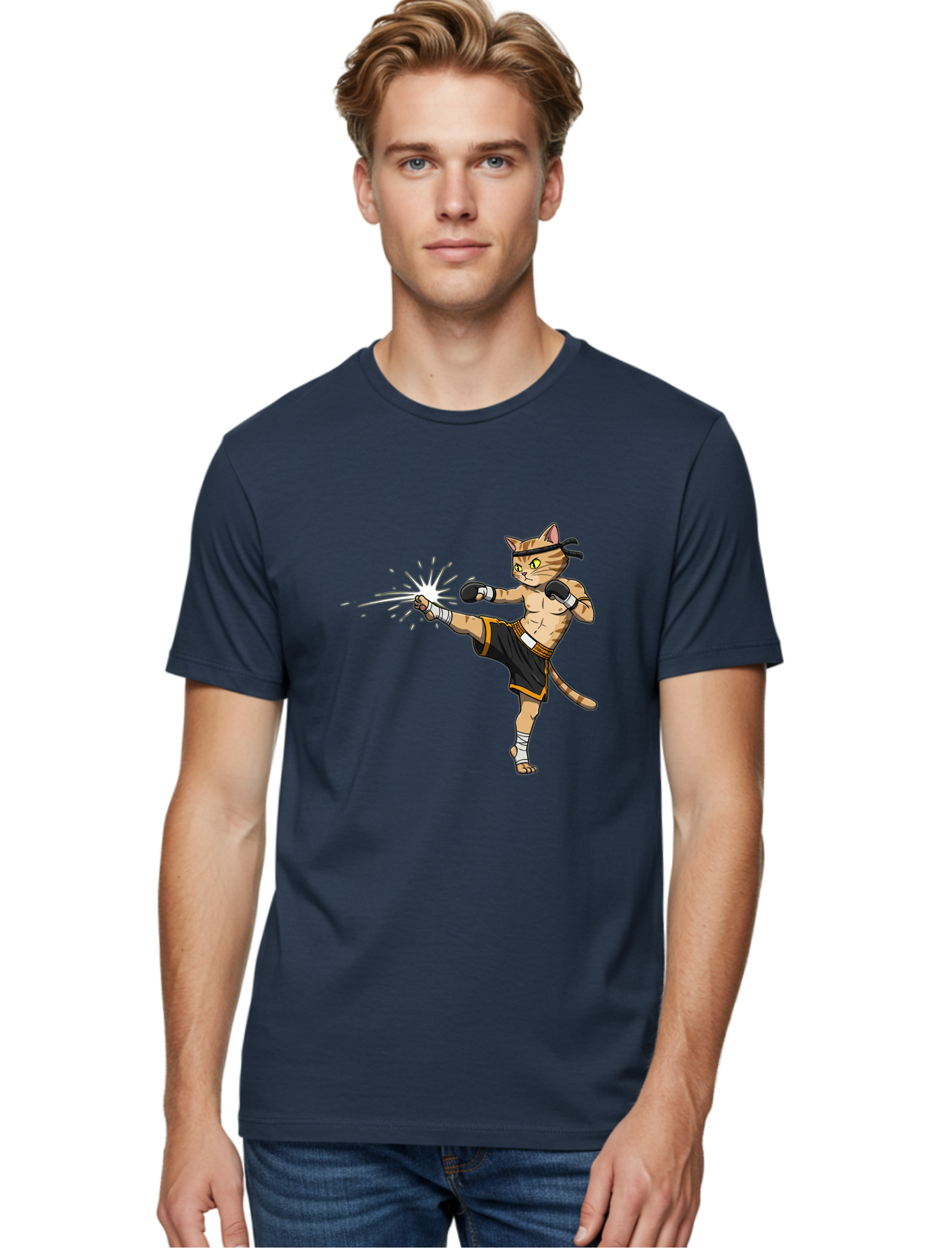 Cat-Kick Men'S Graphic Tee, 100% Cotton, Comfortable Casual Summer Wear, Machine Washable, Cartoon Cat, Muay Thai Fighter, Martial Arts, Kicking, Boxing Gloves, Dynamic Pose, Playful Humor, Animal Athlete, Energetic Motion, Fun Design Bae400