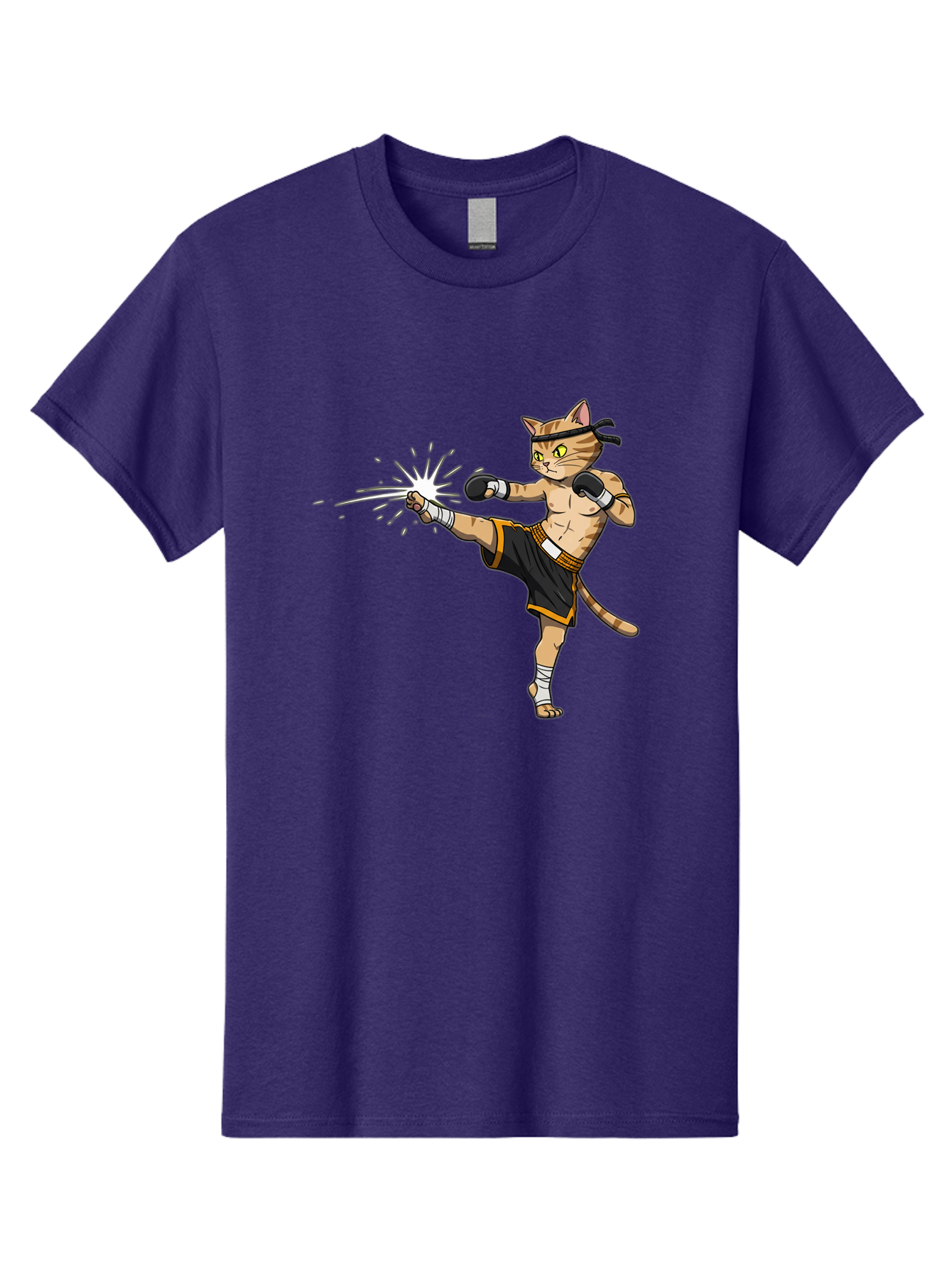 Cat-Kick Men'S Graphic Tee, 100% Cotton, Comfortable Casual Summer Wear, Machine Washable, Cartoon Cat, Muay Thai Fighter, Martial Arts, Kicking, Boxing Gloves, Dynamic Pose, Playful Humor, Animal Athlete, Energetic Motion, Fun Design Bae400
