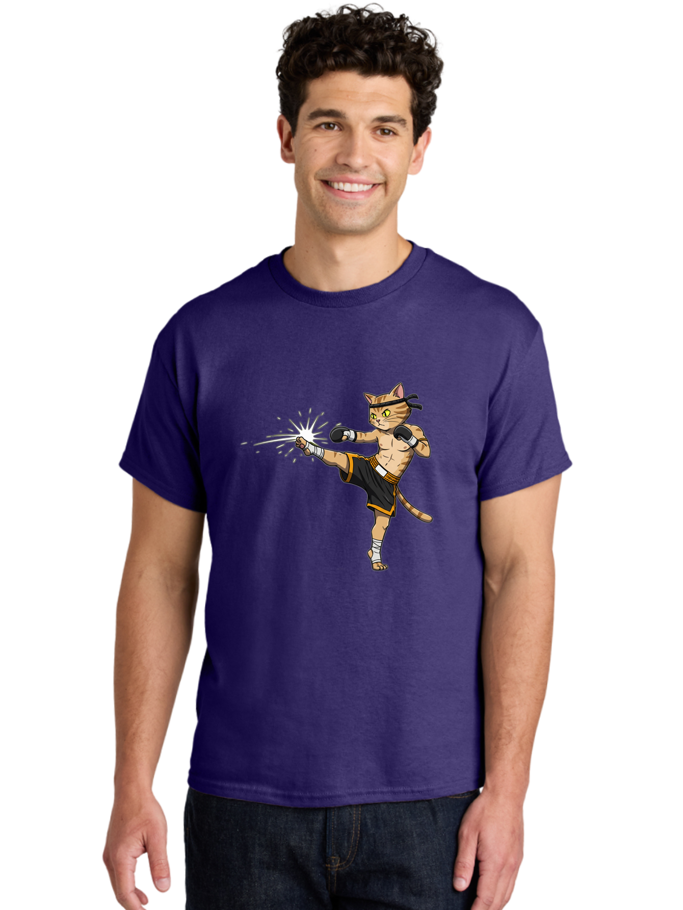 Cat-Kick Men'S Graphic Tee, 100% Cotton, Comfortable Casual Summer Wear, Machine Washable, Cartoon Cat, Muay Thai Fighter, Martial Arts, Kicking, Boxing Gloves, Dynamic Pose, Playful Humor, Animal Athlete, Energetic Motion, Fun Design Bae400