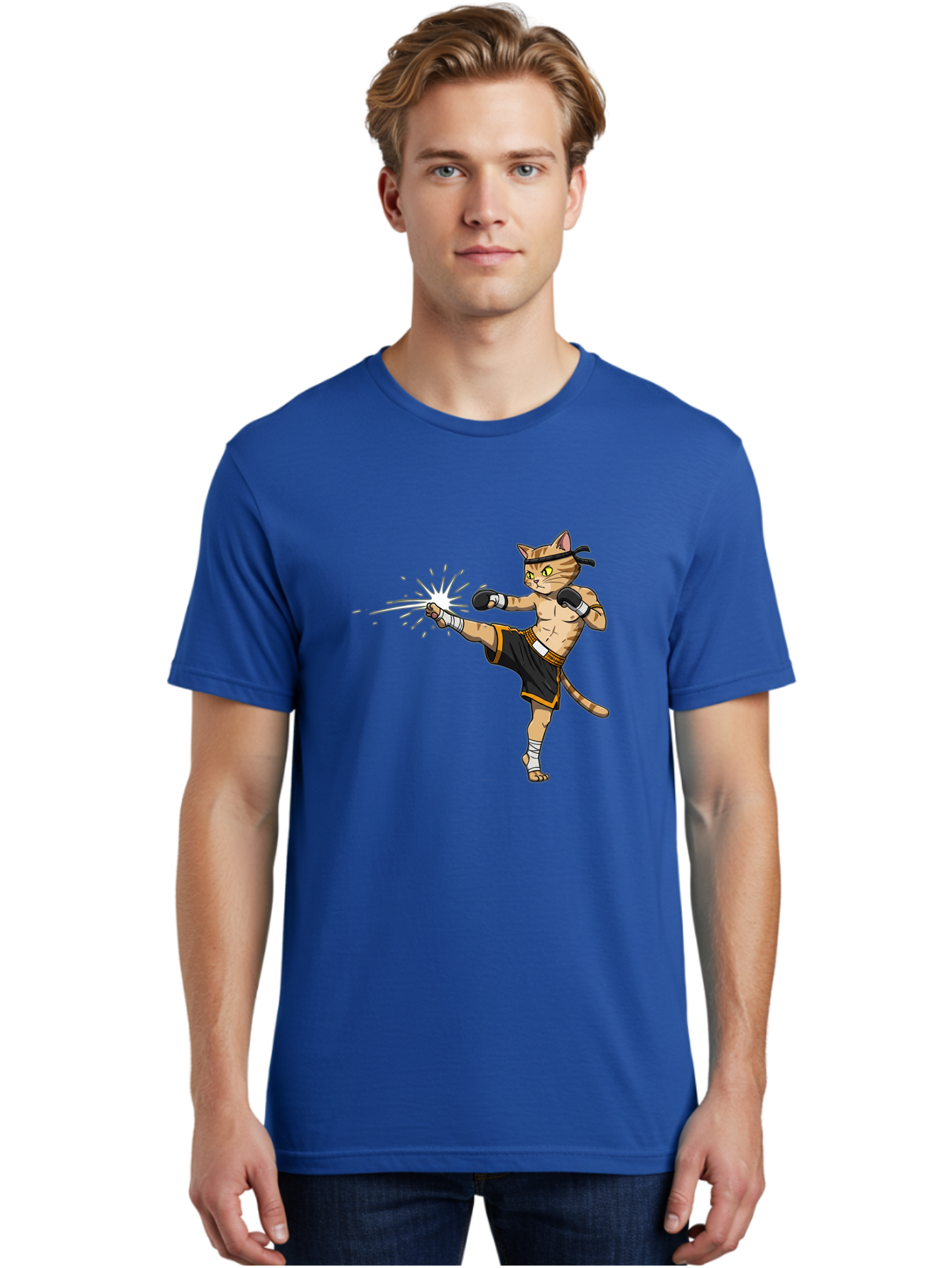 Cat-Kick Men'S Graphic Tee, 100% Cotton, Comfortable Casual Summer Wear, Machine Washable, Cartoon Cat, Muay Thai Fighter, Martial Arts, Kicking, Boxing Gloves, Dynamic Pose, Playful Humor, Animal Athlete, Energetic Motion, Fun Design Bae400