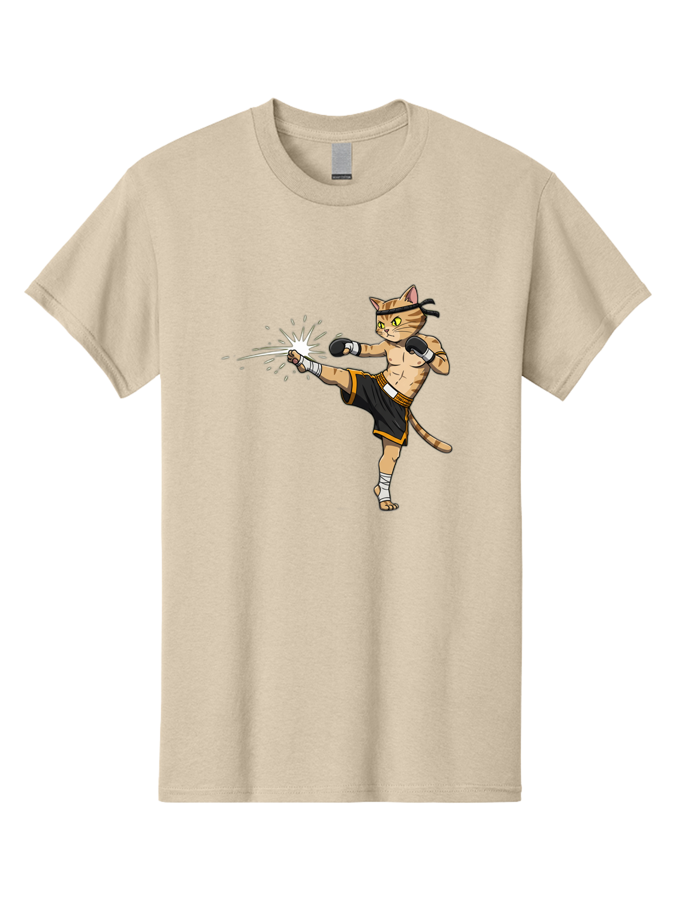 Cat-Kick Men'S Graphic Tee, 100% Cotton, Comfortable Casual Summer Wear, Machine Washable, Cartoon Cat, Muay Thai Fighter, Martial Arts, Kicking, Boxing Gloves, Dynamic Pose, Playful Humor, Animal Athlete, Energetic Motion, Fun Design Bae400