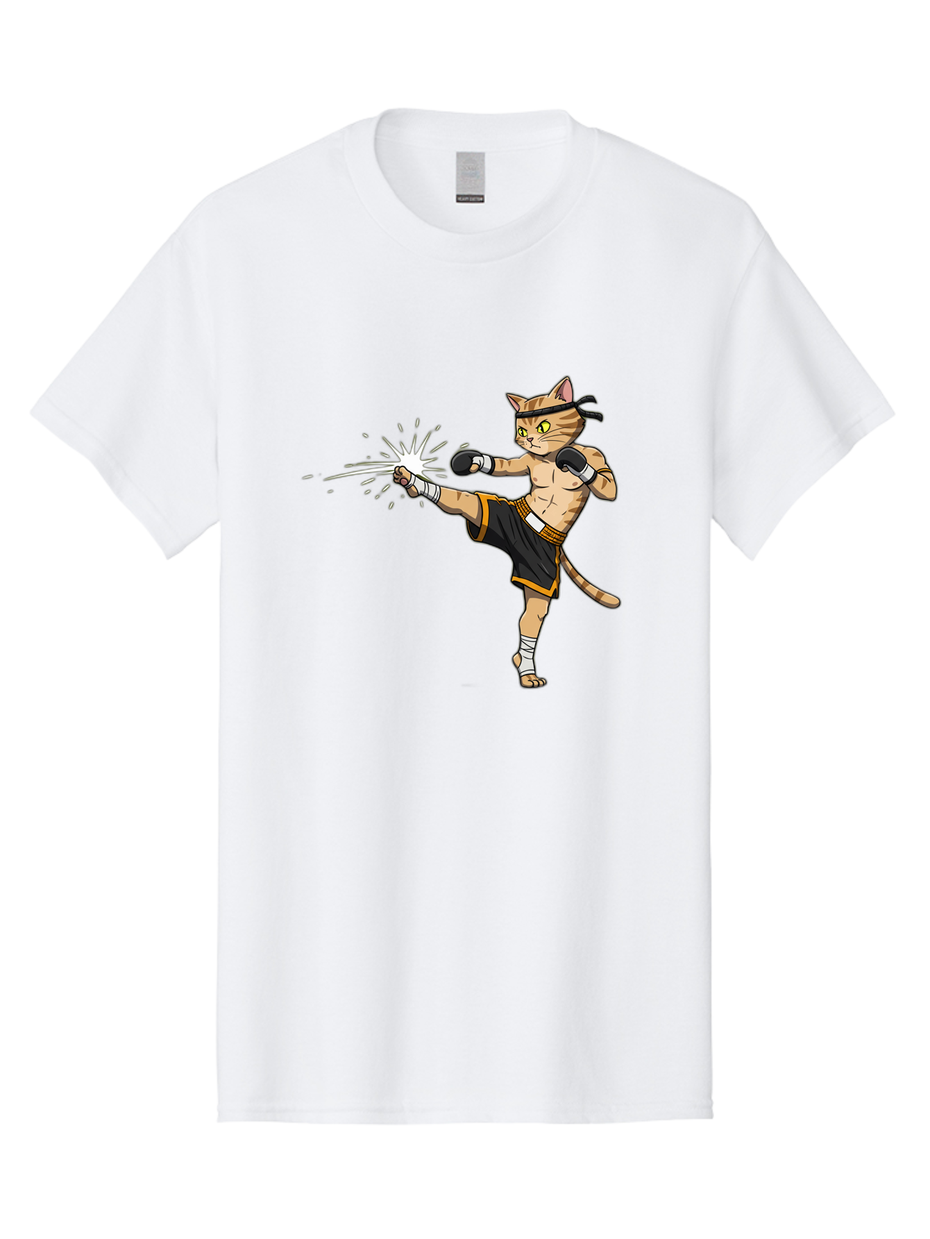 Cat-Kick Men'S Graphic Tee, 100% Cotton, Comfortable Casual Summer Wear, Machine Washable, Cartoon Cat, Muay Thai Fighter, Martial Arts, Kicking, Boxing Gloves, Dynamic Pose, Playful Humor, Animal Athlete, Energetic Motion, Fun Design Bae400