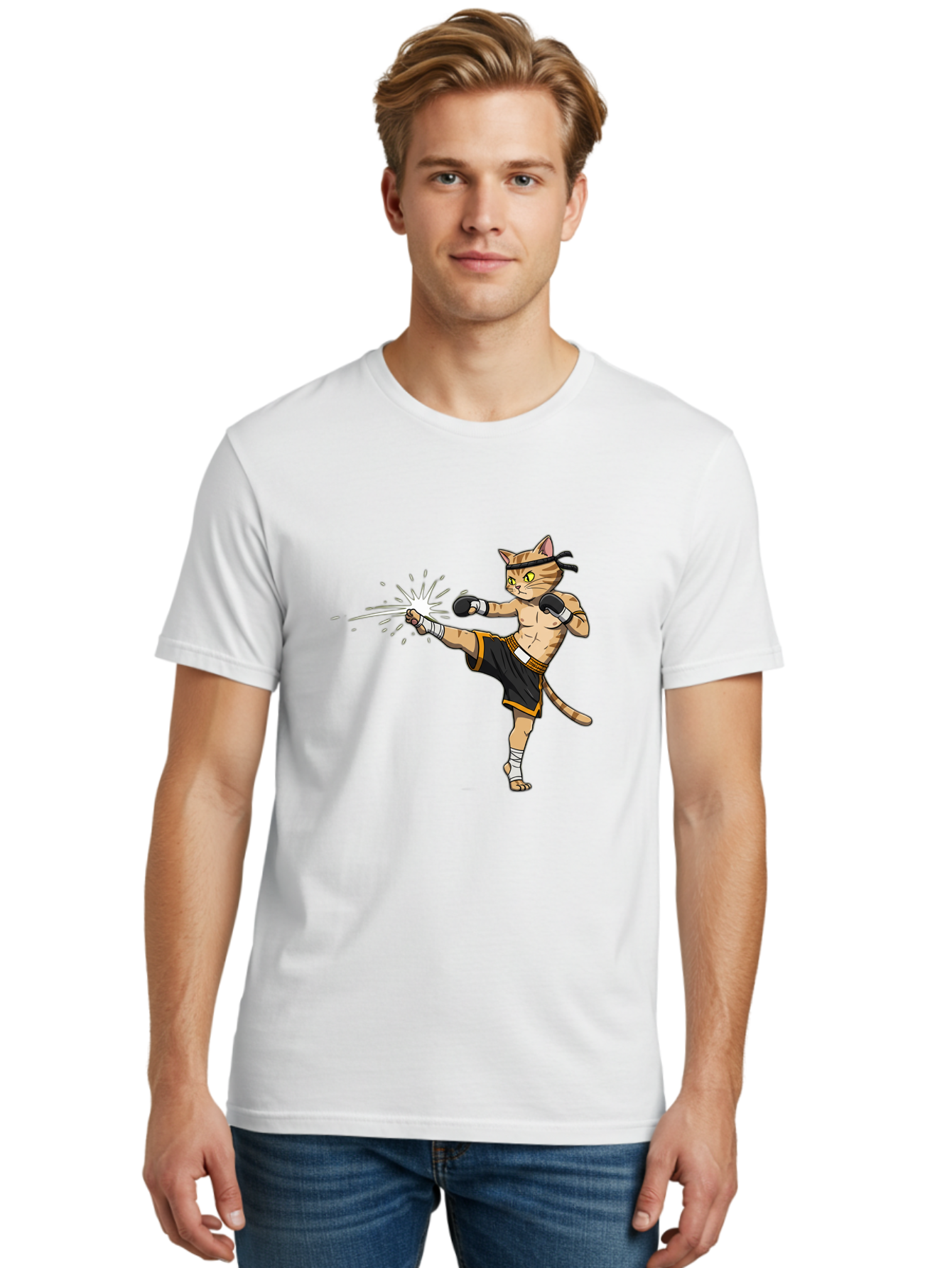 Cat-Kick Men'S Graphic Tee, 100% Cotton, Comfortable Casual Summer Wear, Machine Washable, Cartoon Cat, Muay Thai Fighter, Martial Arts, Kicking, Boxing Gloves, Dynamic Pose, Playful Humor, Animal Athlete, Energetic Motion, Fun Design Bae400