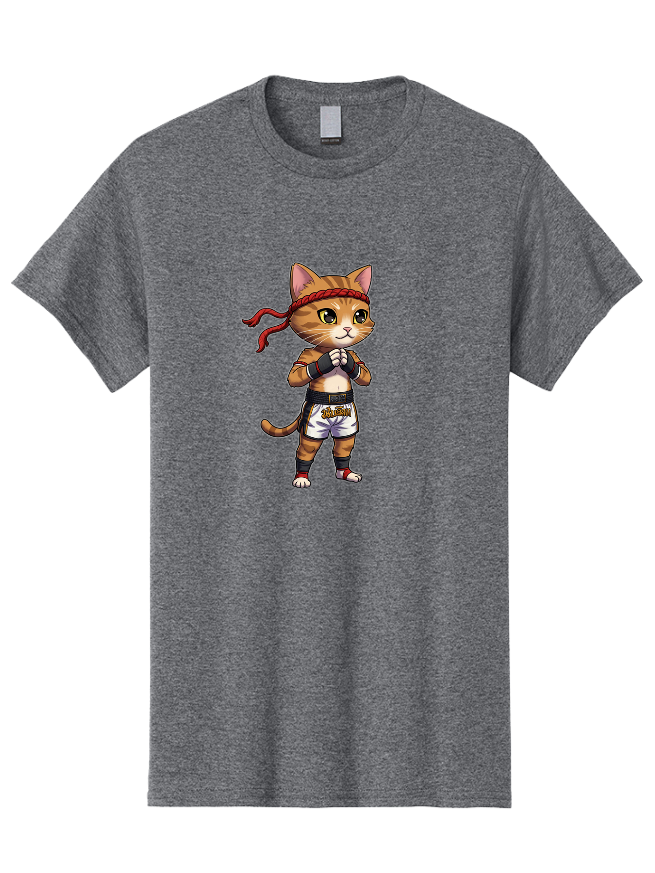 Cat-Kickboxer Men'S Graphic Tee, 100% Cotton, Comfortable Casual Summer Wear, Machine Washable, Cartoon Cat In Muay Thai Attire, Martial Arts Training, Adorable Animal, Fighting Stance, Braided Headband, Black Tape, Orange Stripes, Bae401
