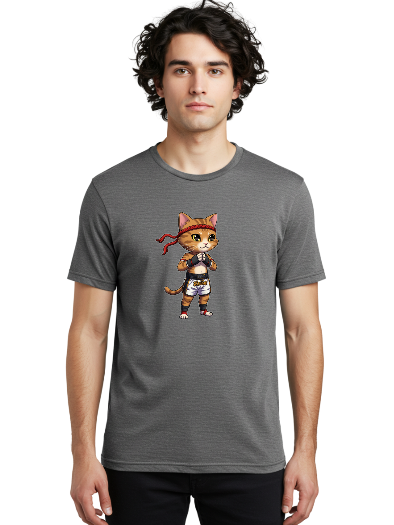 Cat-Kickboxer Men'S Graphic Tee, 100% Cotton, Comfortable Casual Summer Wear, Machine Washable, Cartoon Cat In Muay Thai Attire, Martial Arts Training, Adorable Animal, Fighting Stance, Braided Headband, Black Tape, Orange Stripes, Bae401