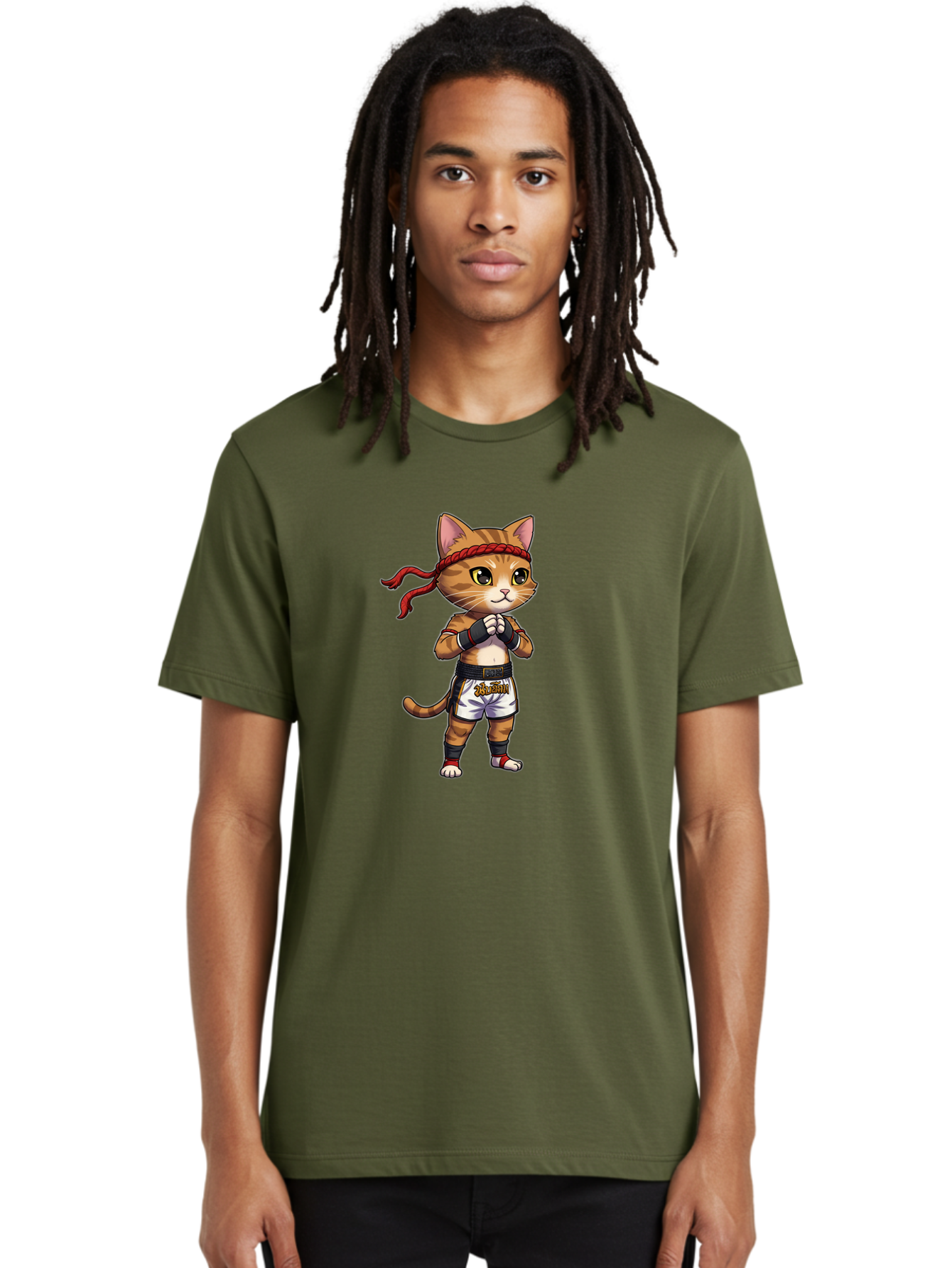Cat-Kickboxer Men'S Graphic Tee, 100% Cotton, Comfortable Casual Summer Wear, Machine Washable, Cartoon Cat In Muay Thai Attire, Martial Arts Training, Adorable Animal, Fighting Stance, Braided Headband, Black Tape, Orange Stripes, Bae401