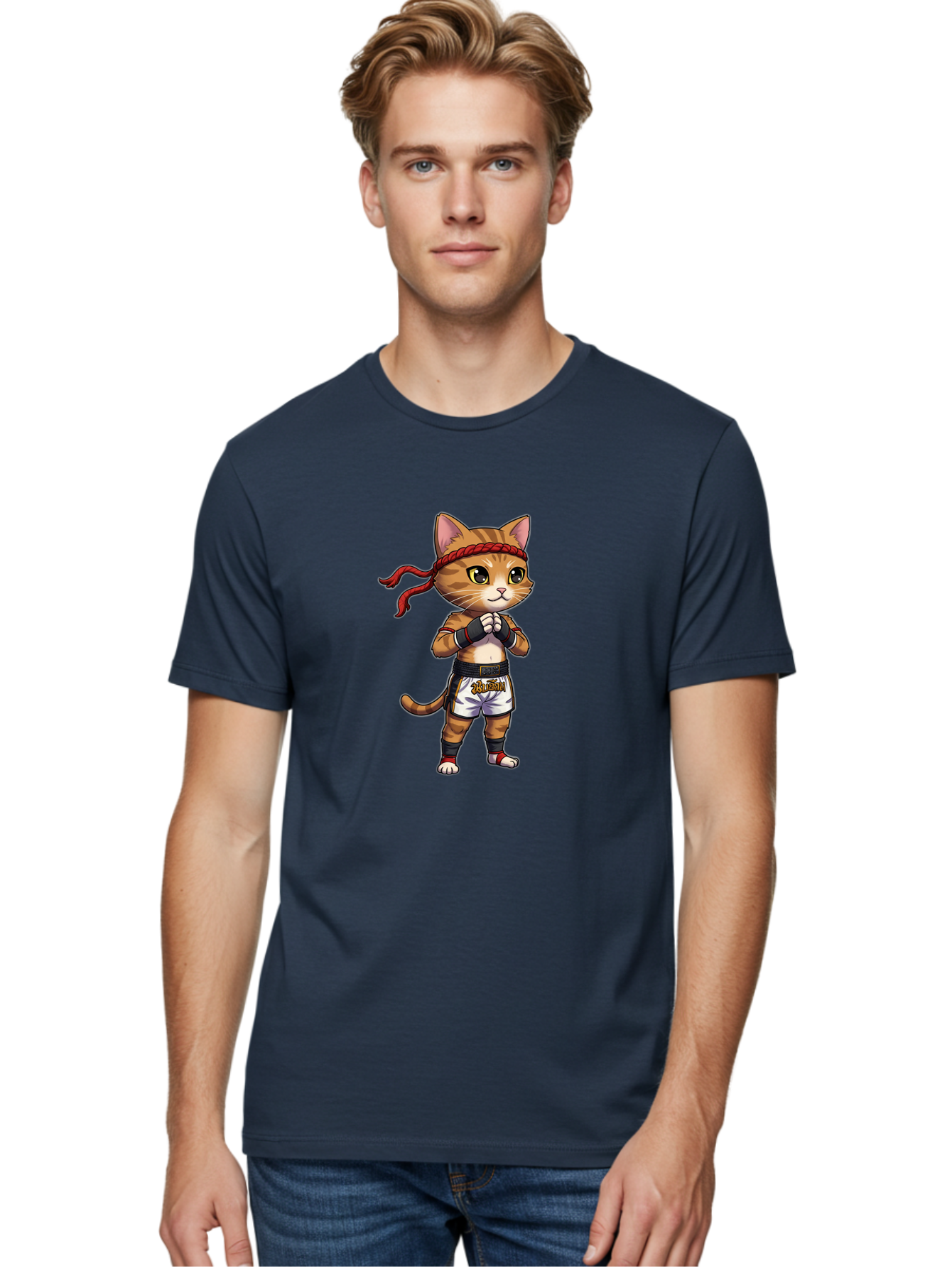 Cat-Kickboxer Men'S Graphic Tee, 100% Cotton, Comfortable Casual Summer Wear, Machine Washable, Cartoon Cat In Muay Thai Attire, Martial Arts Training, Adorable Animal, Fighting Stance, Braided Headband, Black Tape, Orange Stripes, Bae401