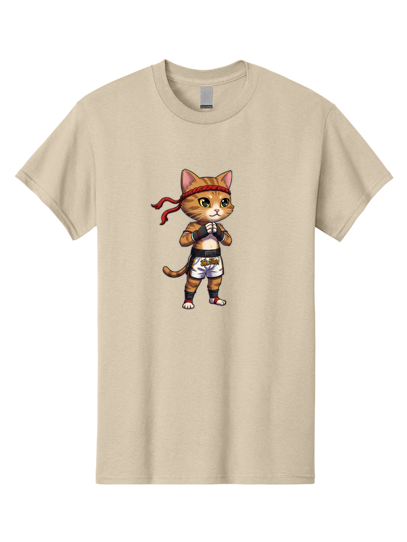 Cat-Kickboxer Men'S Graphic Tee, 100% Cotton, Comfortable Casual Summer Wear, Machine Washable, Cartoon Cat In Muay Thai Attire, Martial Arts Training, Adorable Animal, Fighting Stance, Braided Headband, Black Tape, Orange Stripes, Bae401