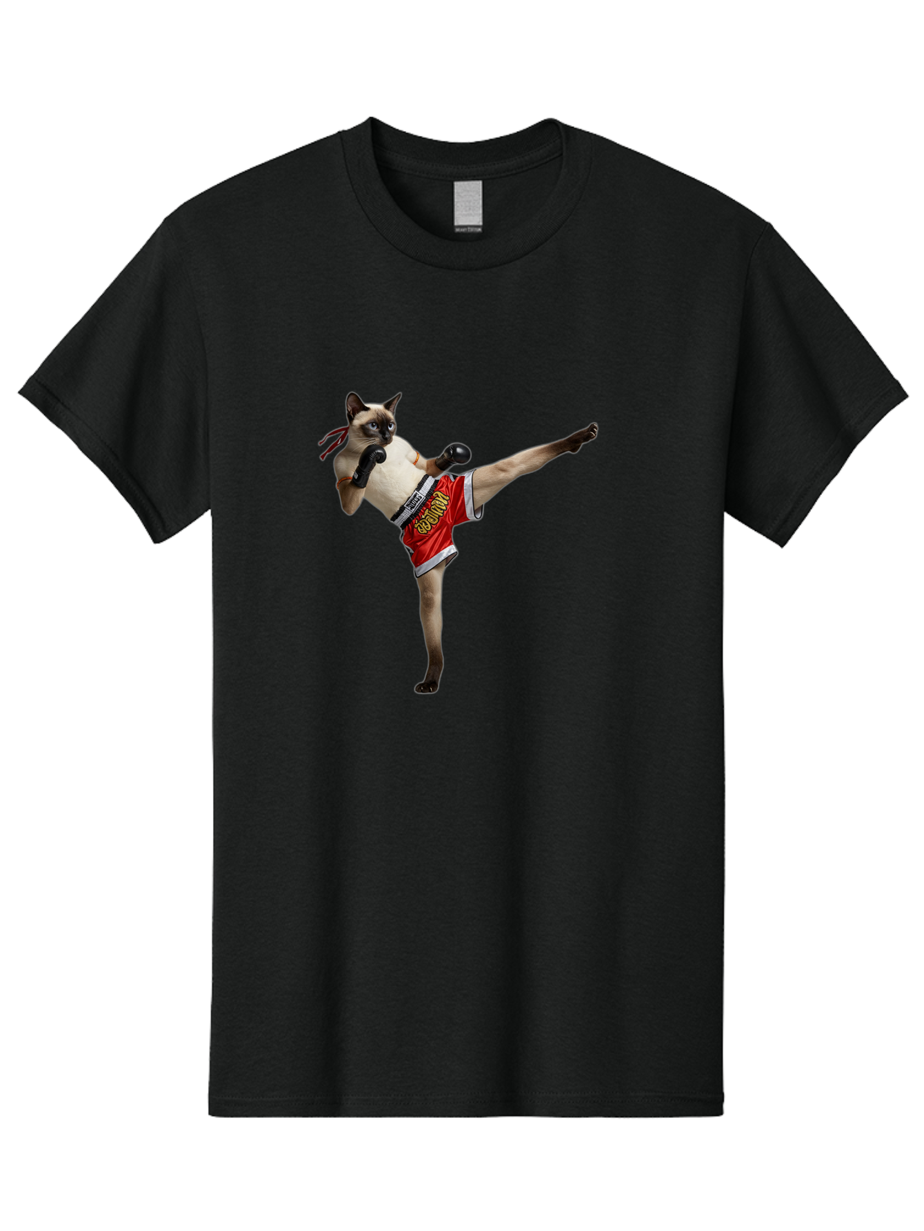 Cat-Kickboxing Men'S Graphic Tee, 100% Cotton, Comfortable Casual Summer Wear, Machine Washable, Siamese Cat Kickboxing, Anthropomorphic Cat, Boxing Gloves, Red Shorts, Martial Arts, Fighting Stance, Funny Animals, Cat Humor, Feline Antics, Bae402