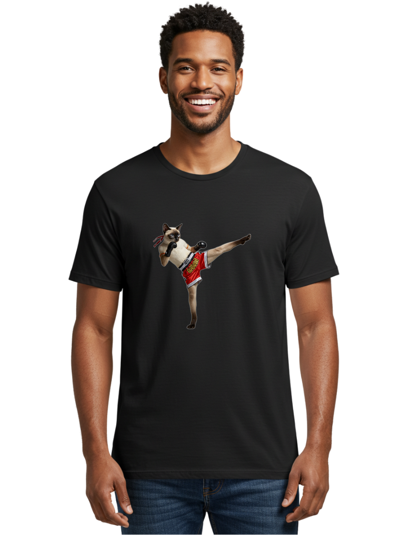 Cat-Kickboxing Men'S Graphic Tee, 100% Cotton, Comfortable Casual Summer Wear, Machine Washable, Siamese Cat Kickboxing, Anthropomorphic Cat, Boxing Gloves, Red Shorts, Martial Arts, Fighting Stance, Funny Animals, Cat Humor, Feline Antics, Bae402