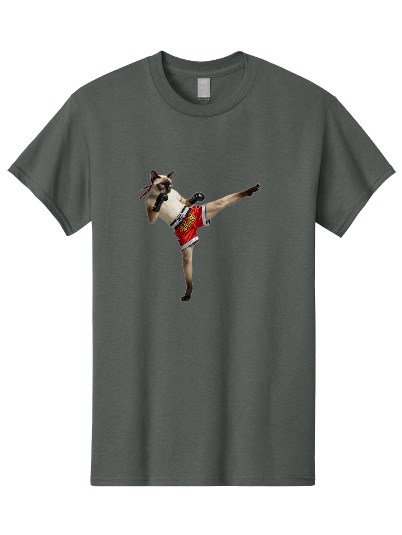Cat-Kickboxing Men'S Graphic Tee, 100% Cotton, Comfortable Casual Summer Wear, Machine Washable, Siamese Cat Kickboxing, Anthropomorphic Cat, Boxing Gloves, Red Shorts, Martial Arts, Fighting Stance, Funny Animals, Cat Humor, Feline Antics, Bae402