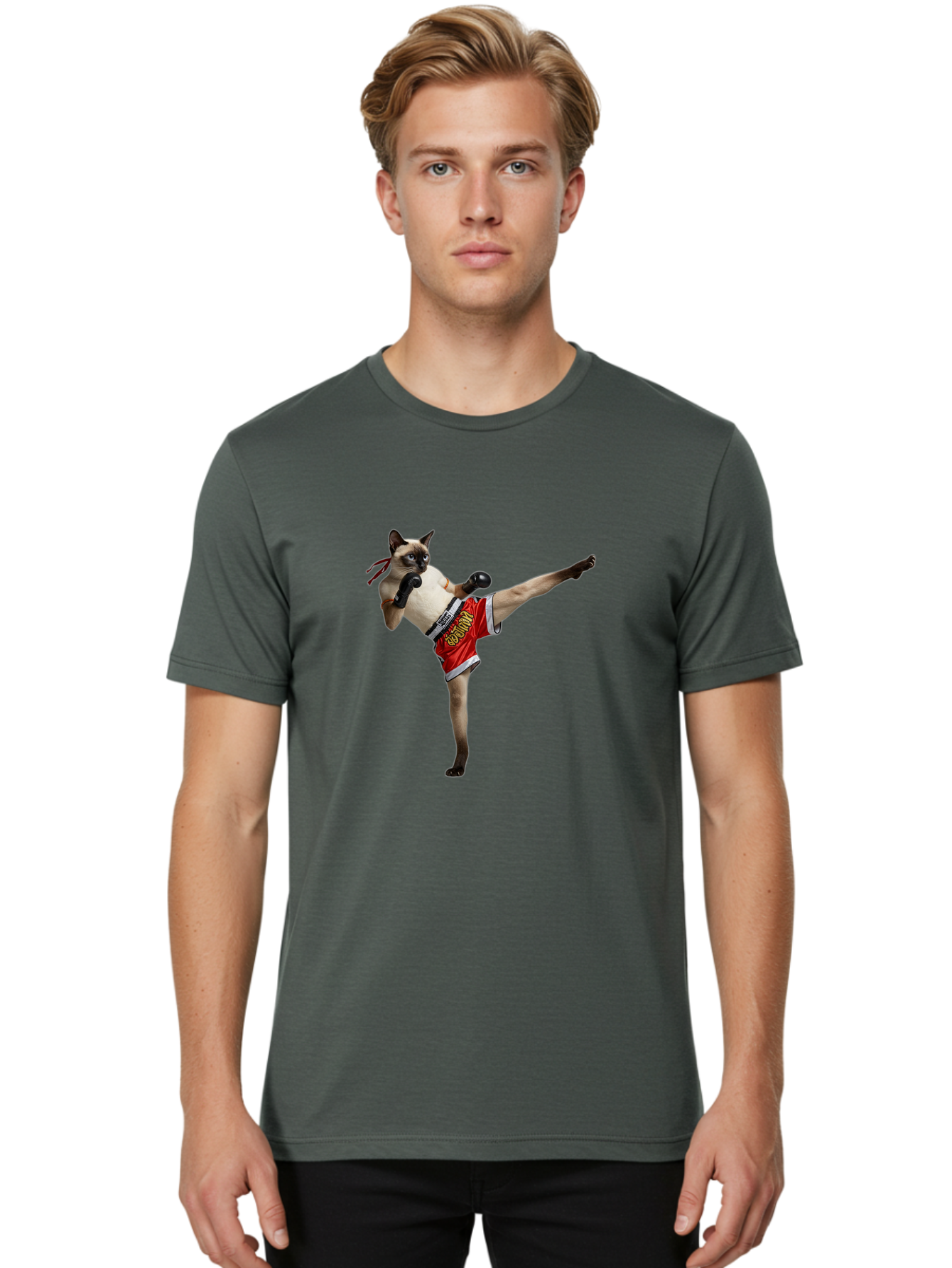 Cat-Kickboxing Men'S Graphic Tee, 100% Cotton, Comfortable Casual Summer Wear, Machine Washable, Siamese Cat Kickboxing, Anthropomorphic Cat, Boxing Gloves, Red Shorts, Martial Arts, Fighting Stance, Funny Animals, Cat Humor, Feline Antics, Bae402