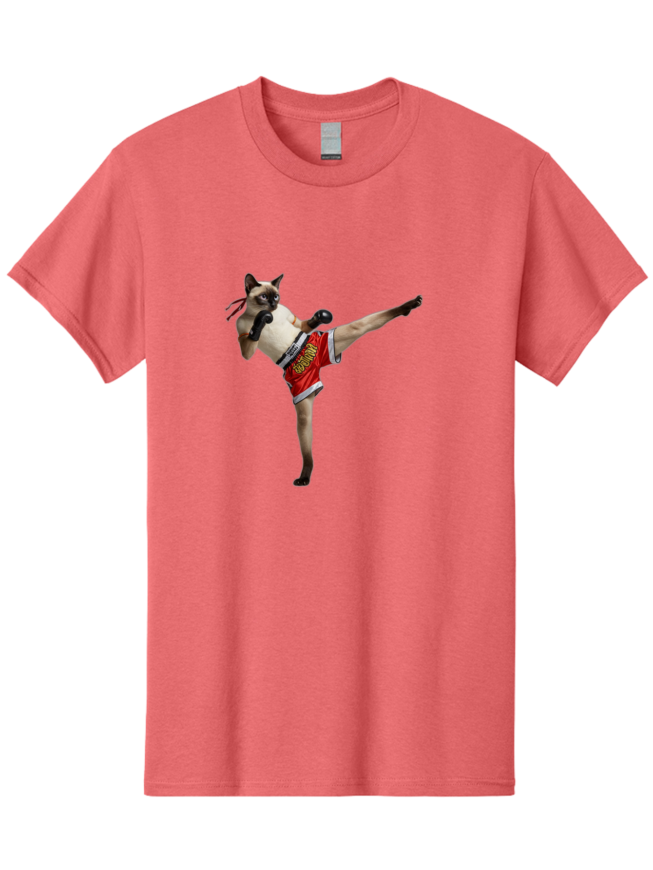 Cat-Kickboxing Men'S Graphic Tee, 100% Cotton, Comfortable Casual Summer Wear, Machine Washable, Siamese Cat Kickboxing, Anthropomorphic Cat, Boxing Gloves, Red Shorts, Martial Arts, Fighting Stance, Funny Animals, Cat Humor, Feline Antics, Bae402