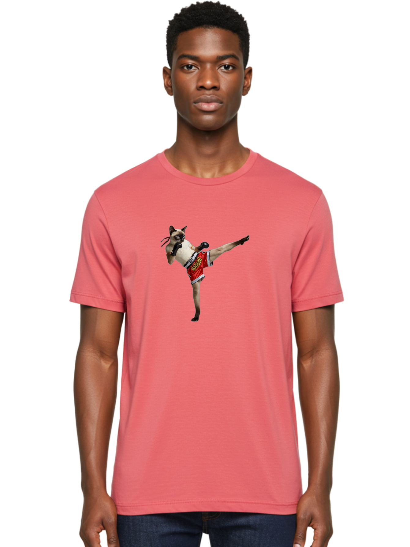 Cat-Kickboxing Men'S Graphic Tee, 100% Cotton, Comfortable Casual Summer Wear, Machine Washable, Siamese Cat Kickboxing, Anthropomorphic Cat, Boxing Gloves, Red Shorts, Martial Arts, Fighting Stance, Funny Animals, Cat Humor, Feline Antics, Bae402