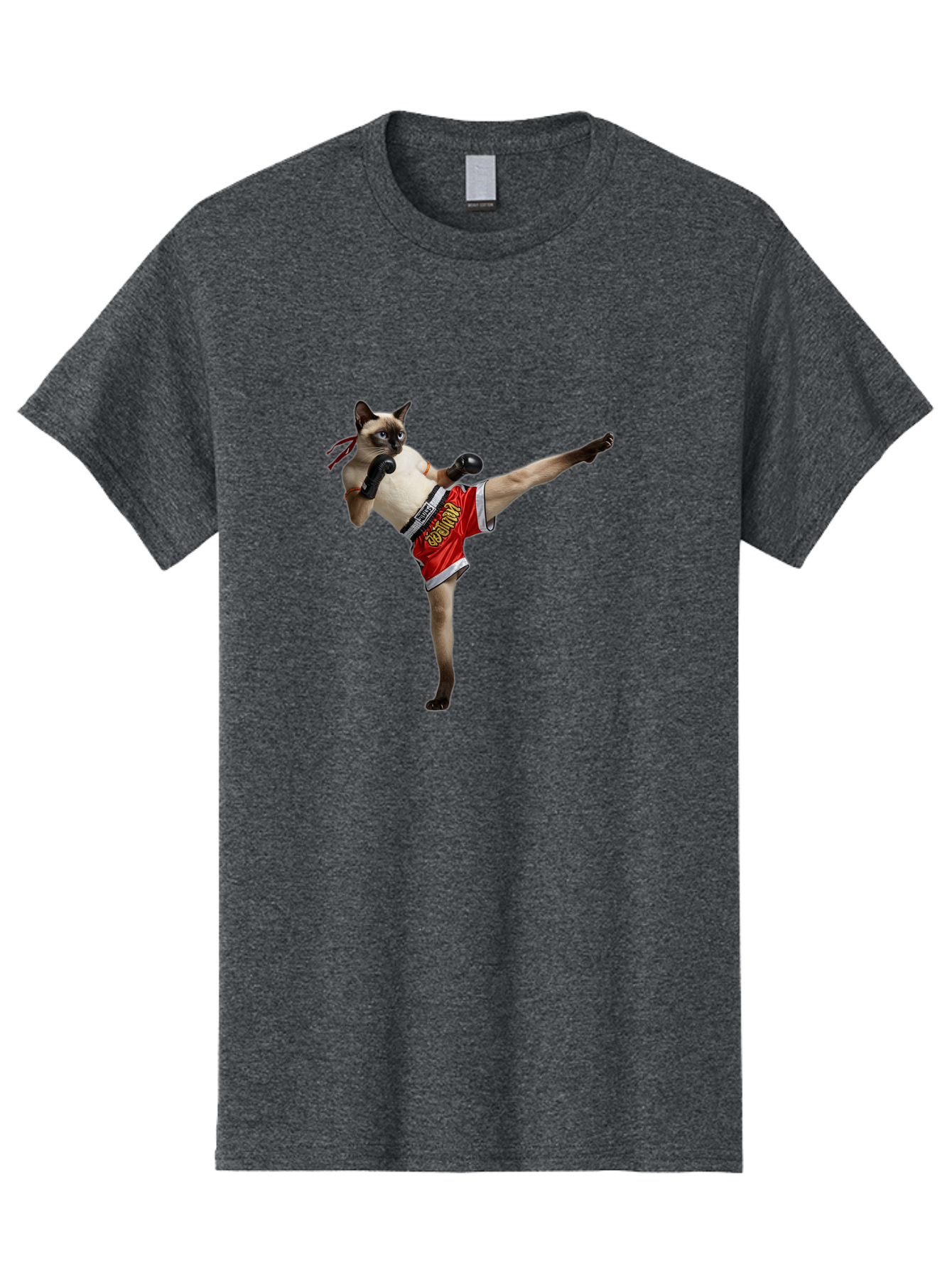 Cat-Kickboxing Men'S Graphic Tee, 100% Cotton, Comfortable Casual Summer Wear, Machine Washable, Siamese Cat Kickboxing, Anthropomorphic Cat, Boxing Gloves, Red Shorts, Martial Arts, Fighting Stance, Funny Animals, Cat Humor, Feline Antics, Bae402