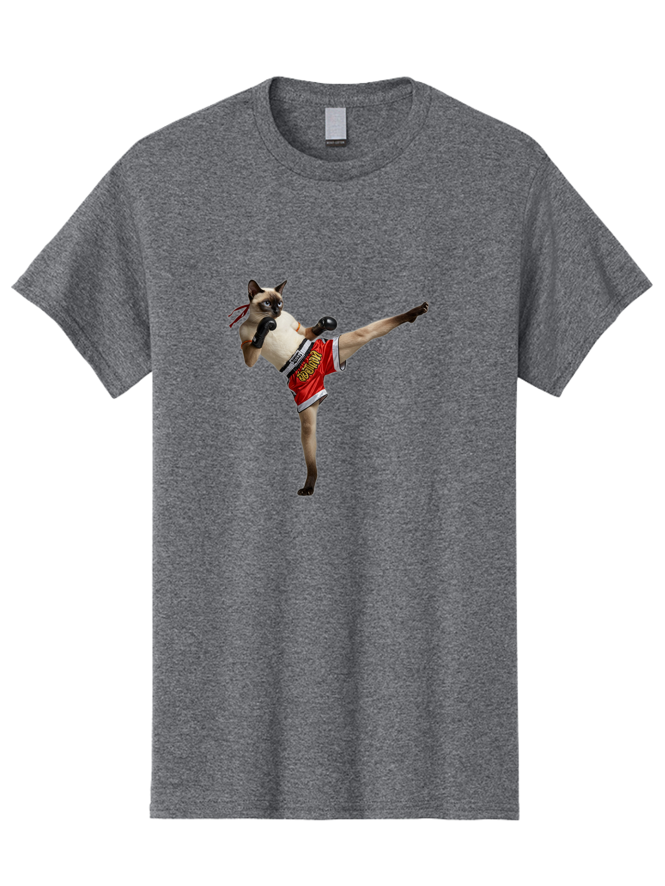 Cat-Kickboxing Men'S Graphic Tee, 100% Cotton, Comfortable Casual Summer Wear, Machine Washable, Siamese Cat Kickboxing, Anthropomorphic Cat, Boxing Gloves, Red Shorts, Martial Arts, Fighting Stance, Funny Animals, Cat Humor, Feline Antics, Bae402