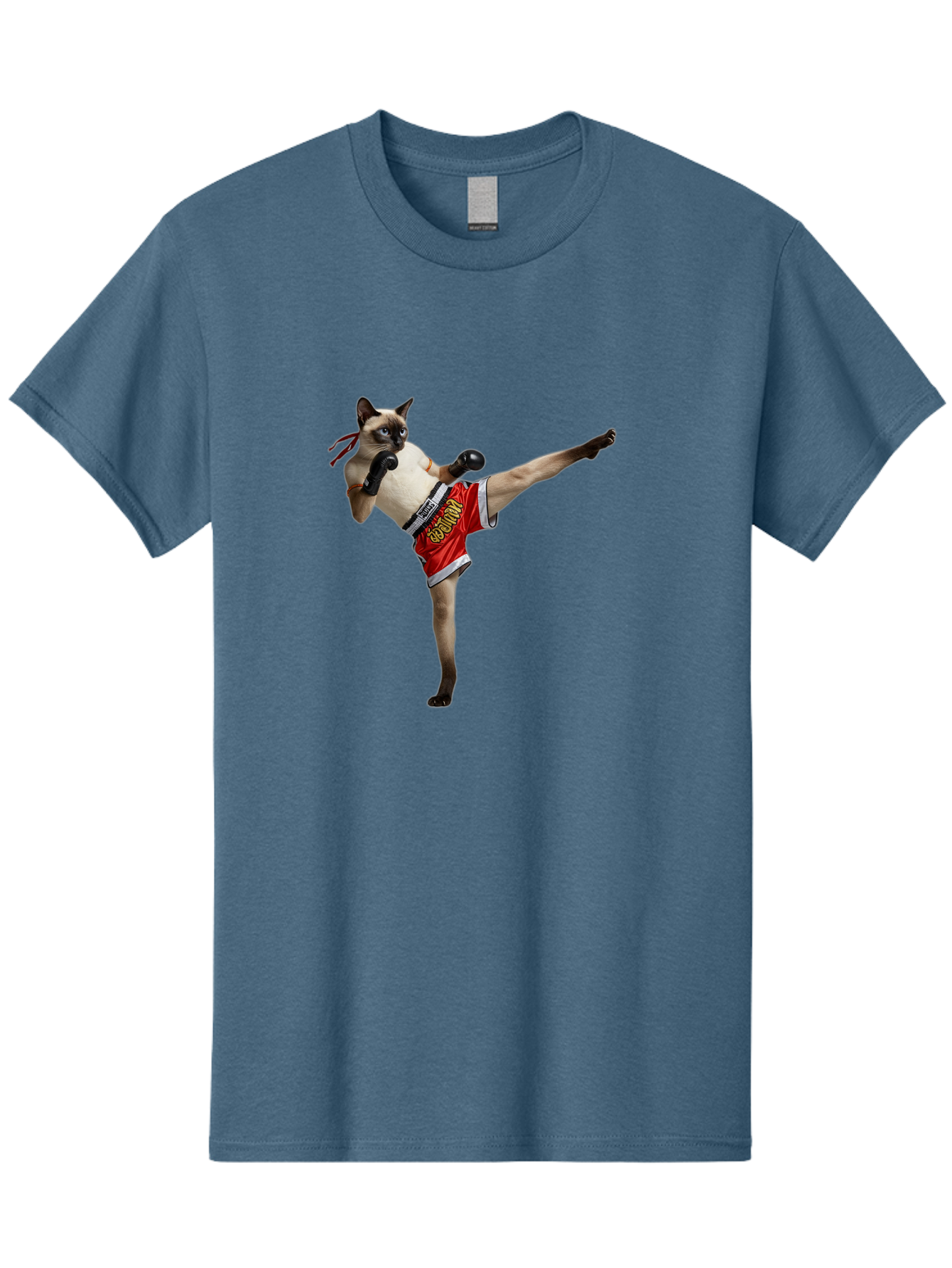 Cat-Kickboxing Men'S Graphic Tee, 100% Cotton, Comfortable Casual Summer Wear, Machine Washable, Siamese Cat Kickboxing, Anthropomorphic Cat, Boxing Gloves, Red Shorts, Martial Arts, Fighting Stance, Funny Animals, Cat Humor, Feline Antics, Bae402
