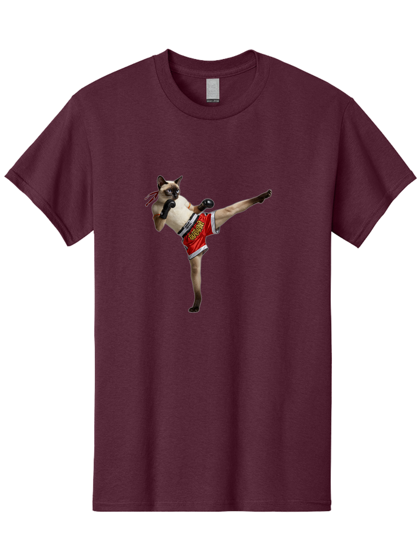 Cat-Kickboxing Men'S Graphic Tee, 100% Cotton, Comfortable Casual Summer Wear, Machine Washable, Siamese Cat Kickboxing, Anthropomorphic Cat, Boxing Gloves, Red Shorts, Martial Arts, Fighting Stance, Funny Animals, Cat Humor, Feline Antics, Bae402